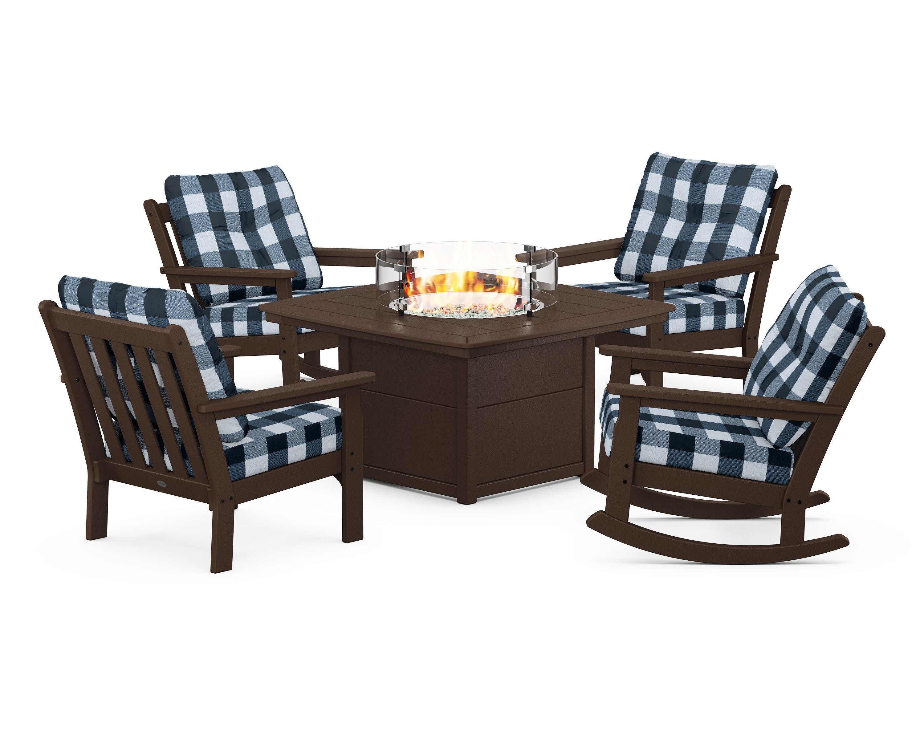 Vineyard 5-Piece Deep Seating Rocking Chair Conversation Set with Fire Pit Table in Mahogany / Buffalo Plaid Marine Indigo