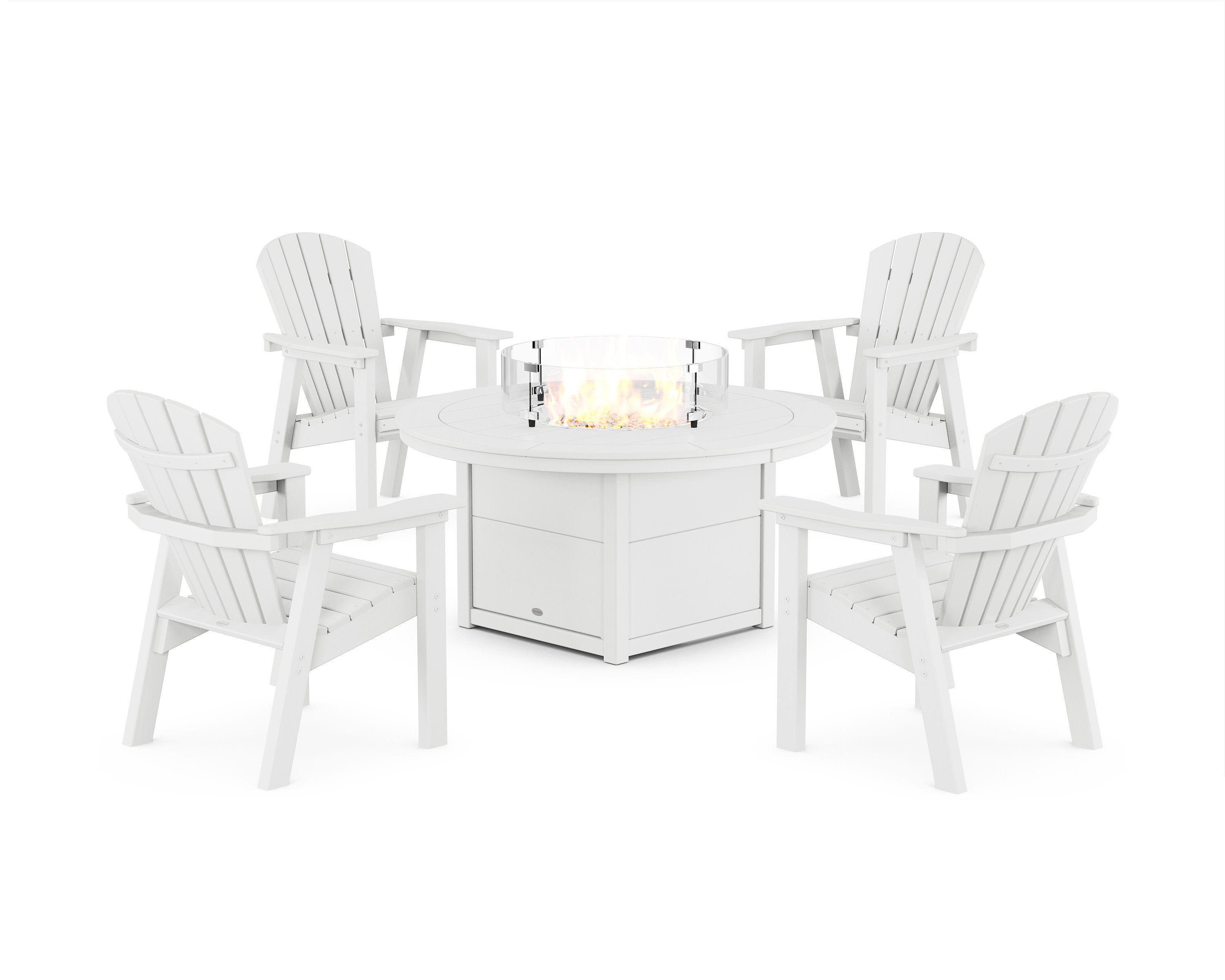 Seashell 4-Piece Upright Adirondack Conversation Set with Fire Pit Table in White