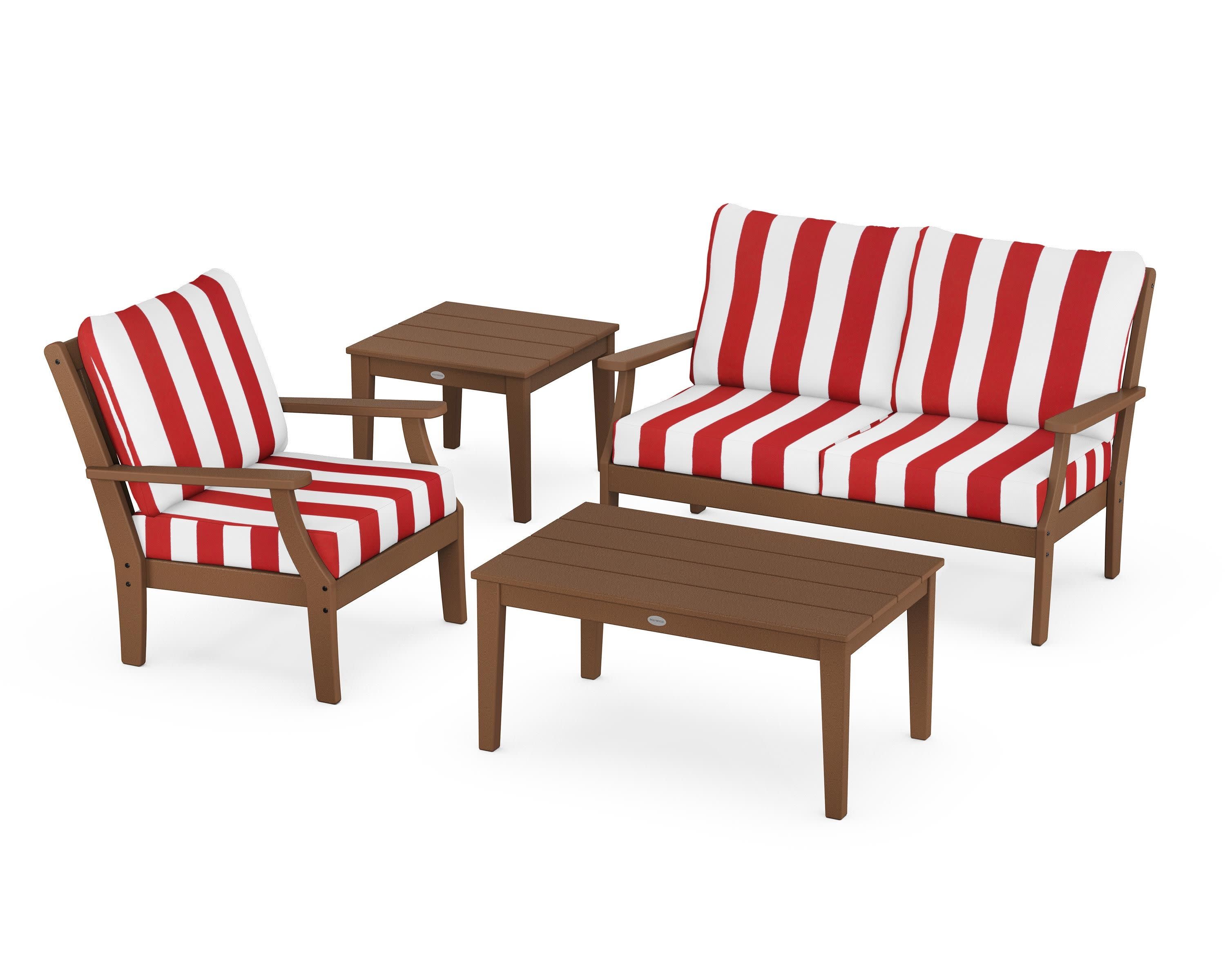 Braxton 4-Piece Deep Seating Set in Teak / Cabana Stripe Crimson