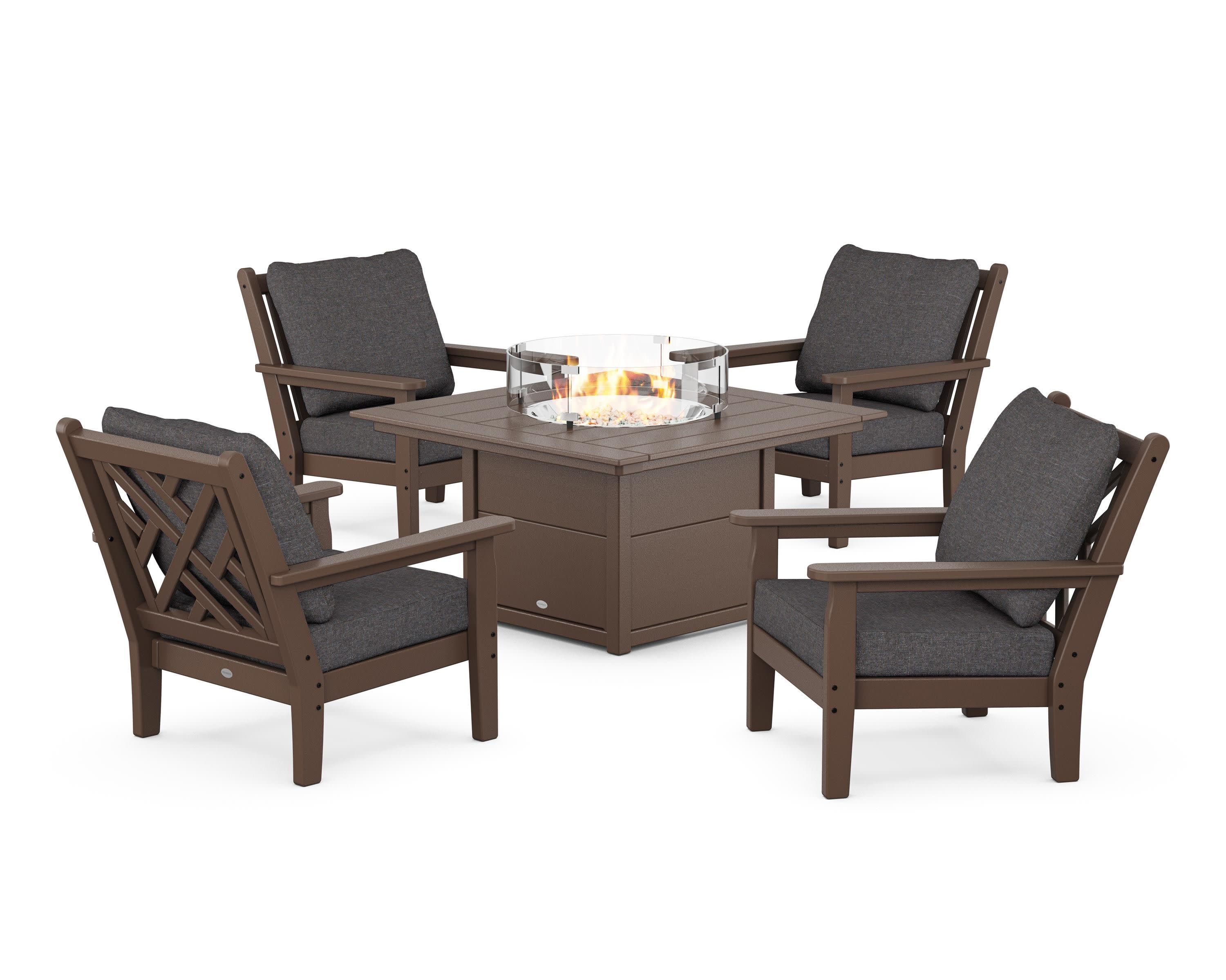 Chippendale 5-Piece Deep Seating Set with Fire Pit Table in Mahogany / Ash Charcoal