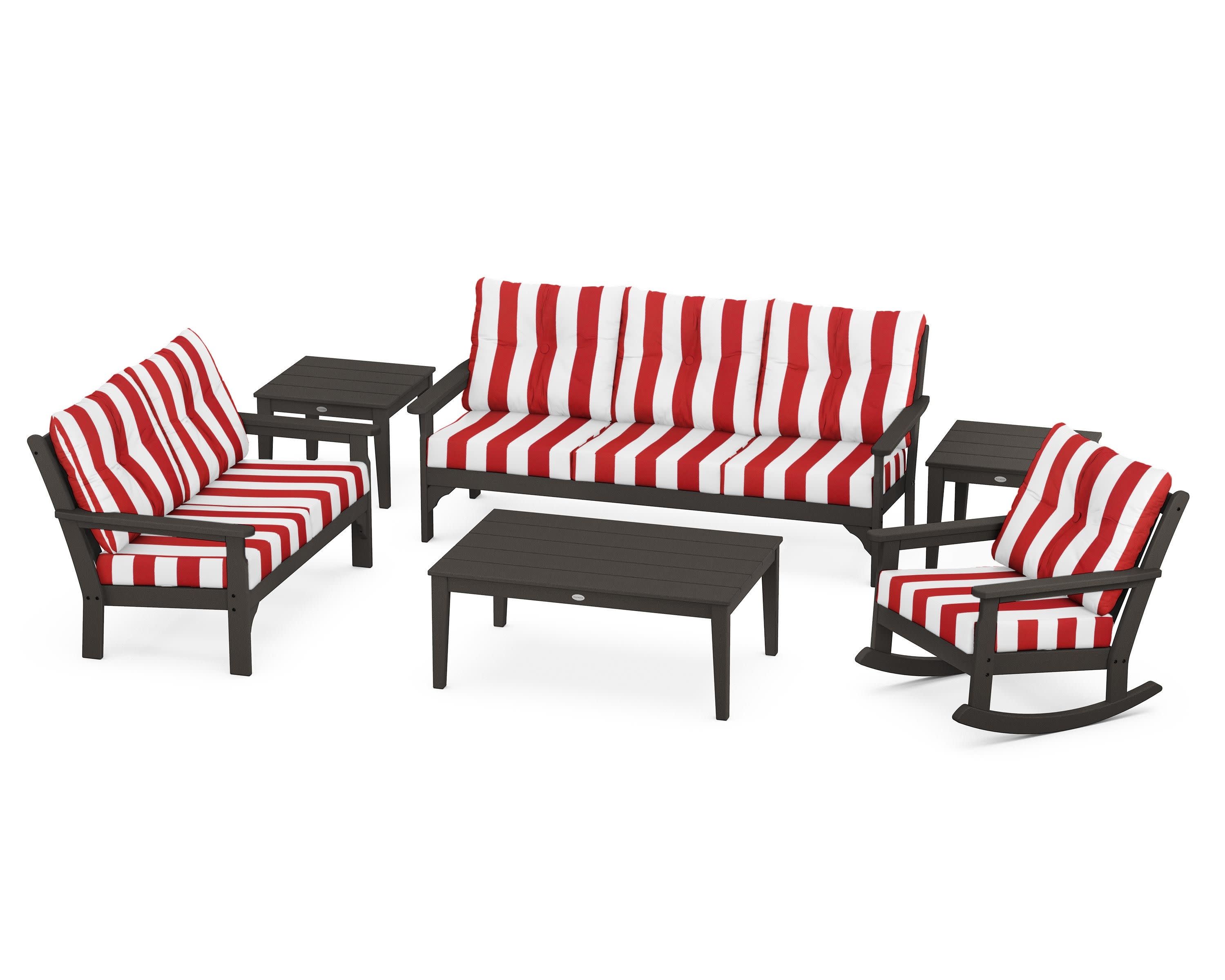 Vineyard 6-Piece Deep Seating Set in Vintage Coffee / Cabana Stripe Crimson