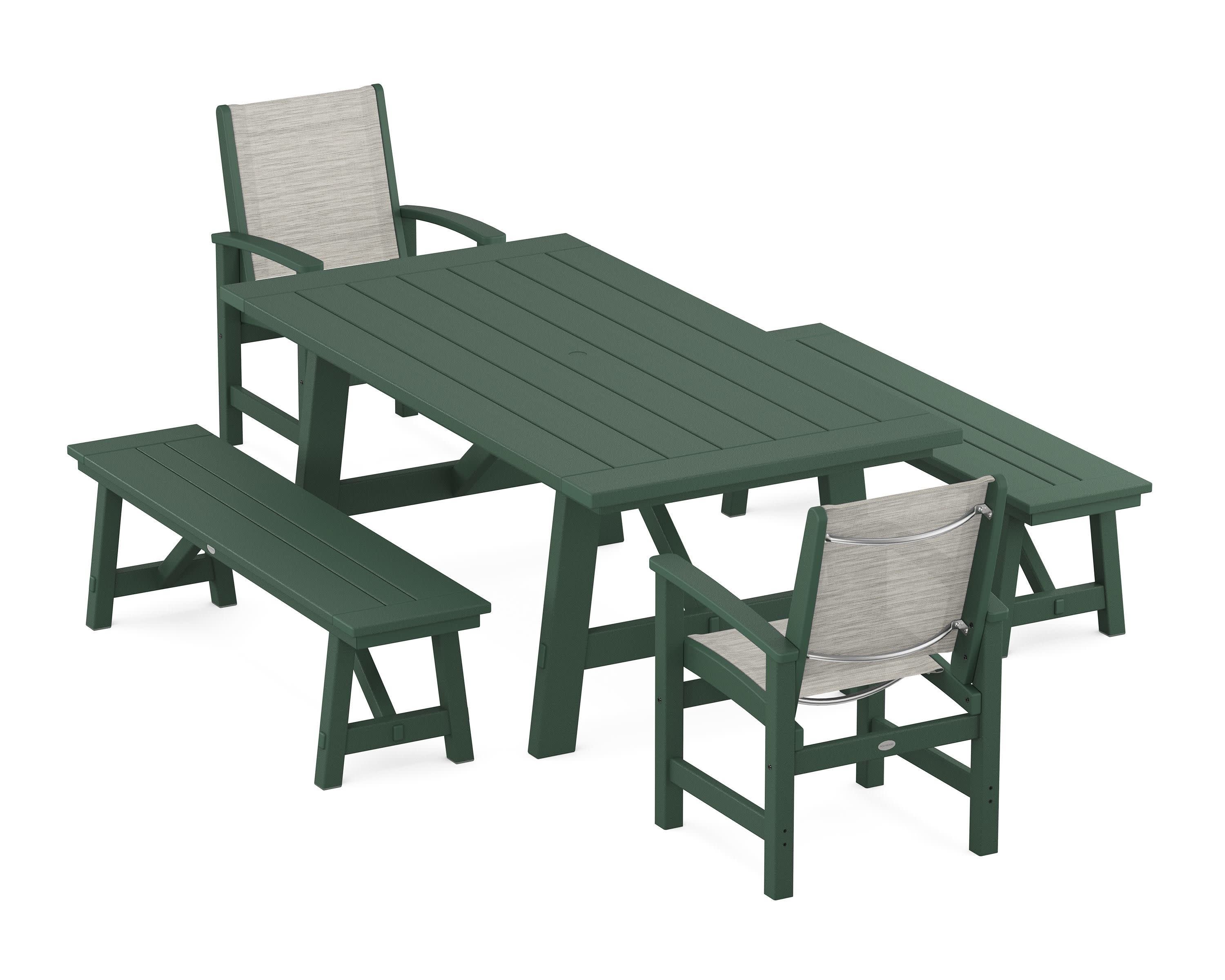 Coastal 5-Piece Rustic Farmhouse Dining Set With Benches in Green / Birch Sling