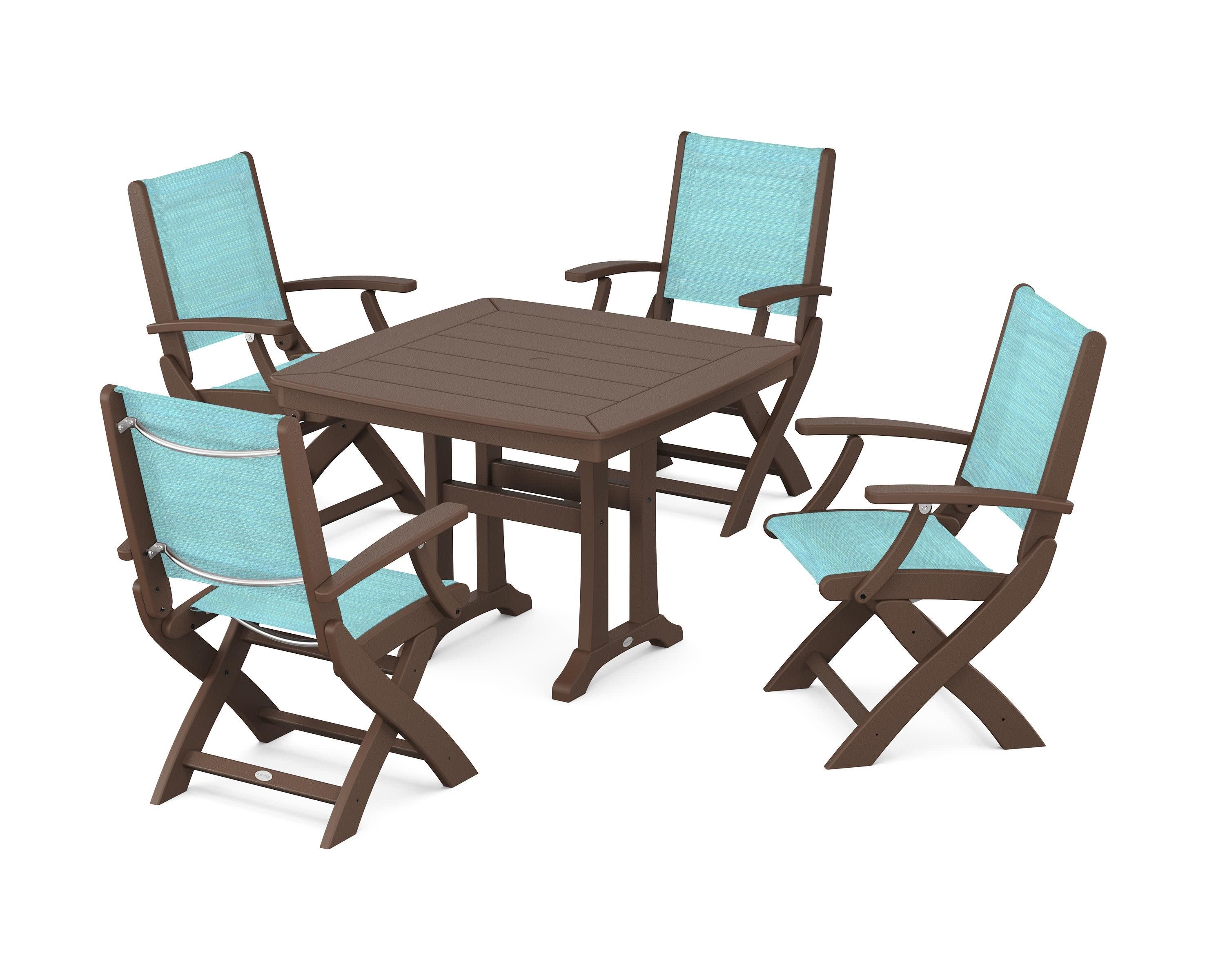 Coastal Folding Chair 5-Piece Dining Set with Trestle Legs in Mahogany / Dupioni Aquamarine Sling