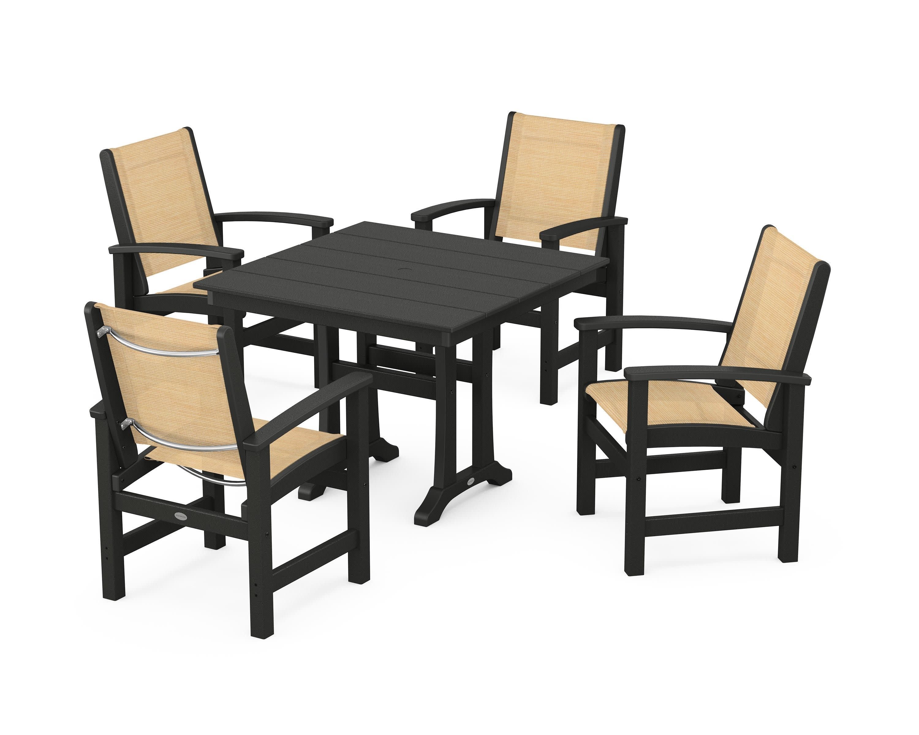 Coastal 5-Piece Farmhouse Dining Set With Trestle Legs in Black / Dupioni Apricot Sling