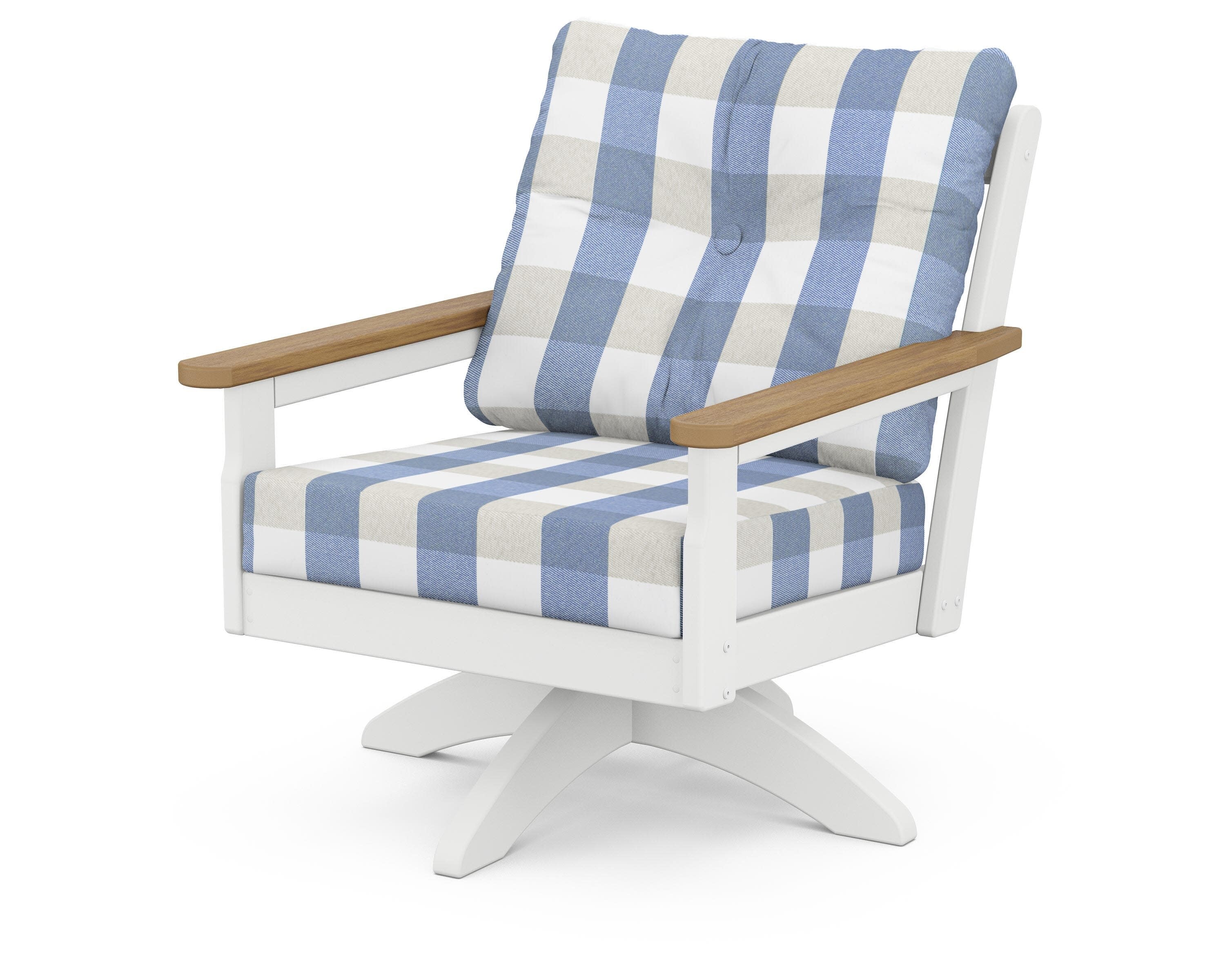 Vineyard Deep Seating Swivel Chair in White / Natural / Buffalo Plaid Sky Blue
