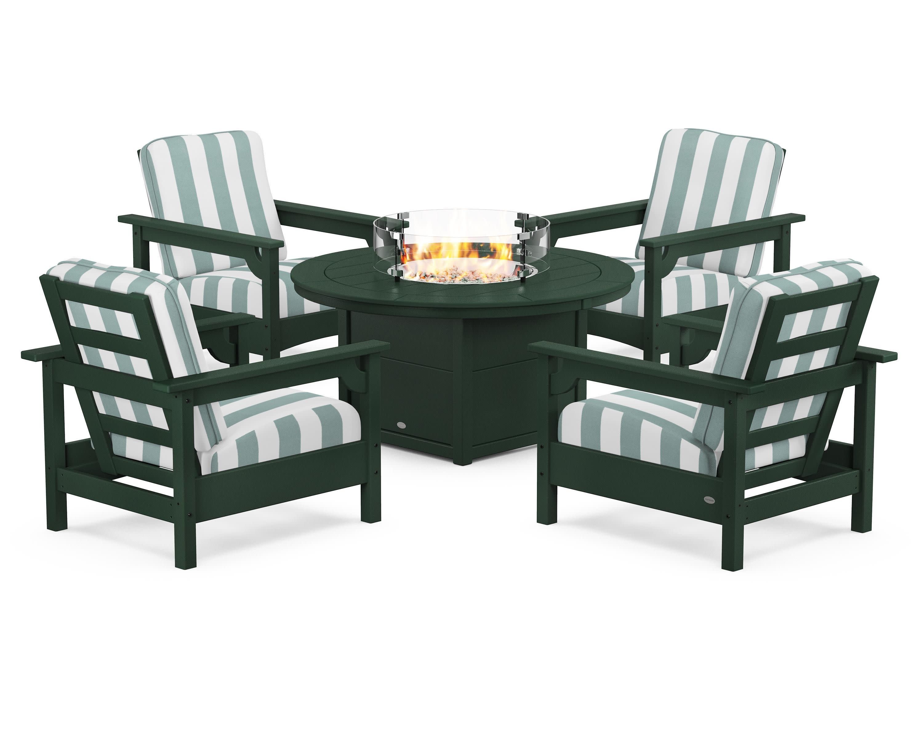 Club 5-Piece Conversation Set with Fire Pit Table in Green / Cabana Stripe Glacier Spa