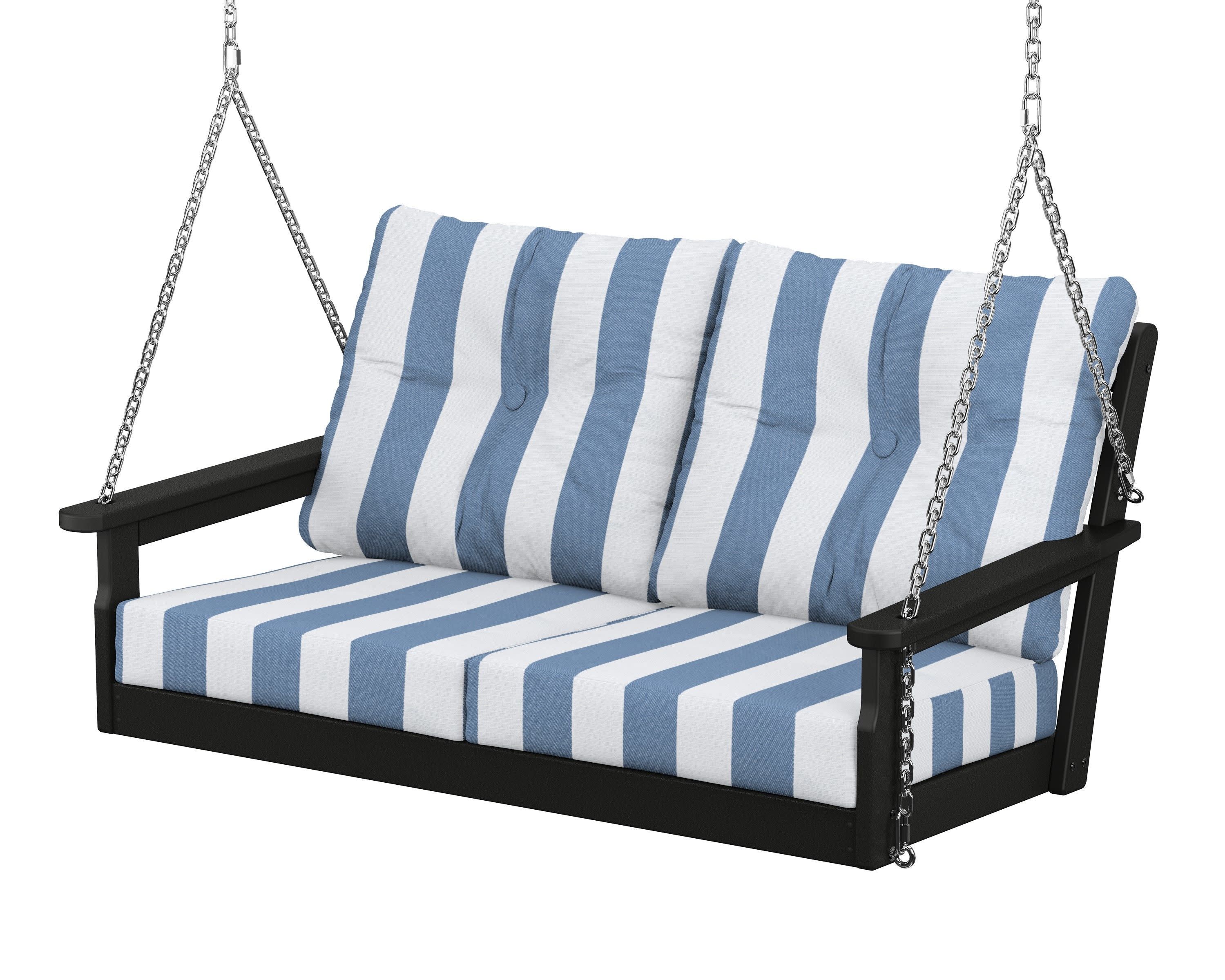Vineyard Deep Seating Swing in Black / Cabana Stripe Sky Blue