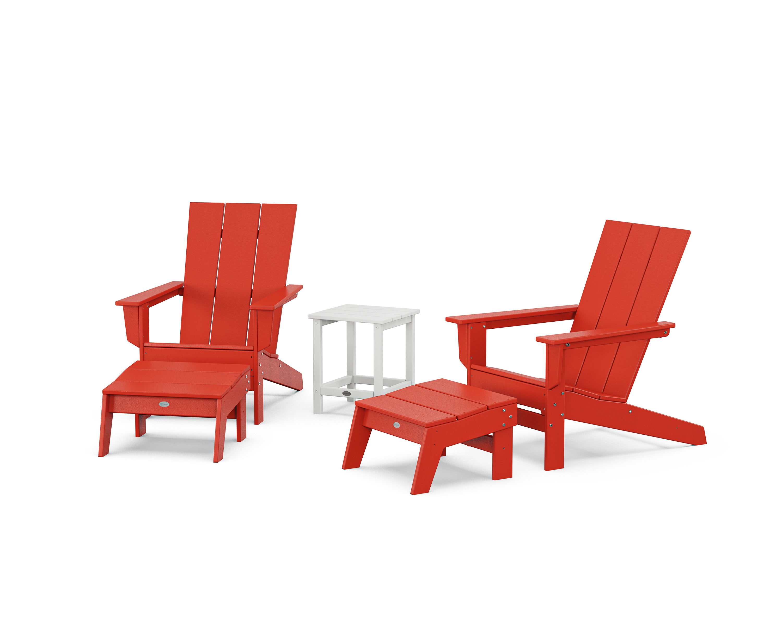 5-Piece Modern Studio Adirondack Set with Ottomans and Side Table in Sunset Red / White