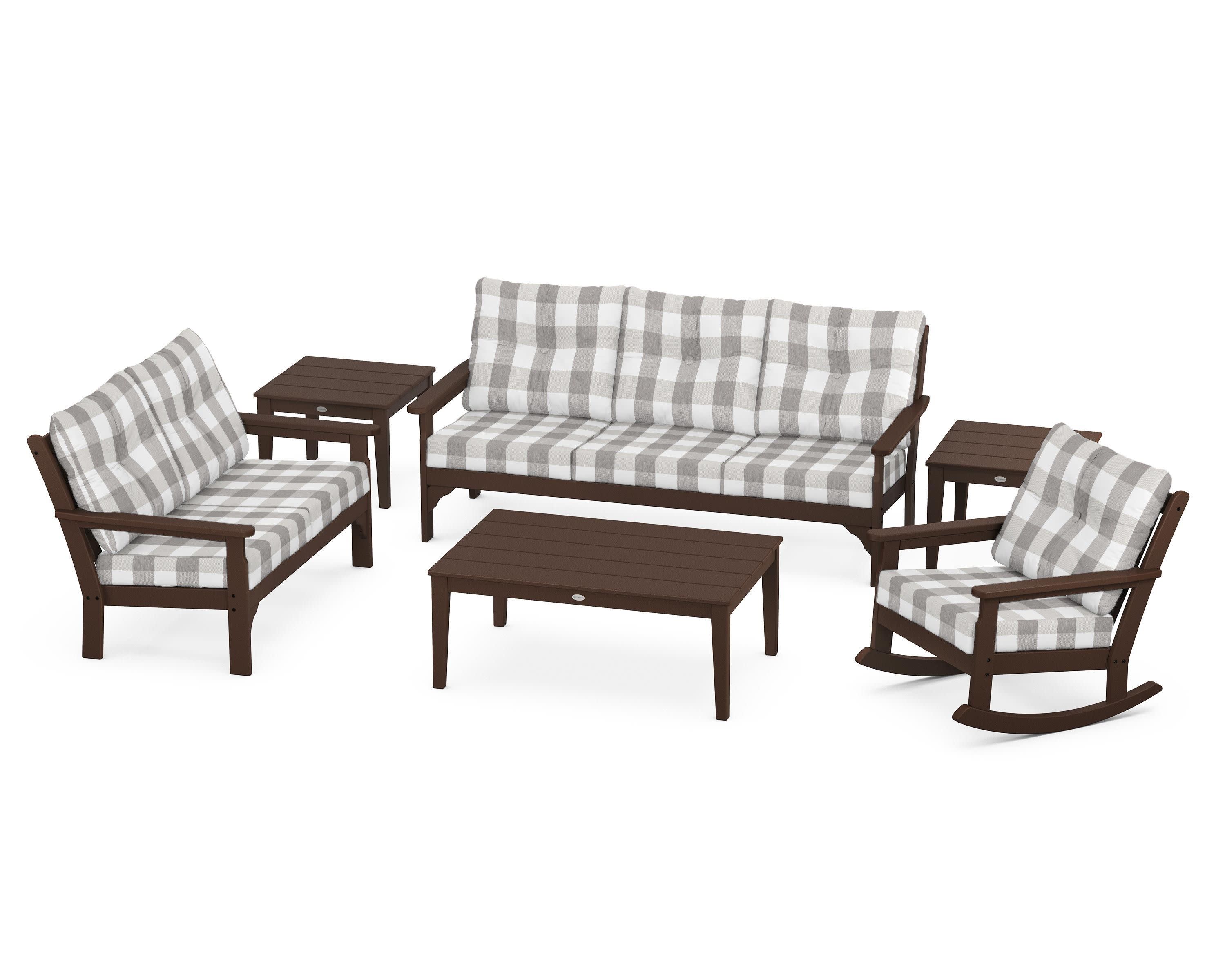 Vineyard 6-Piece Deep Seating Set in Mahogany / Buffalo Plaid Grey Mist