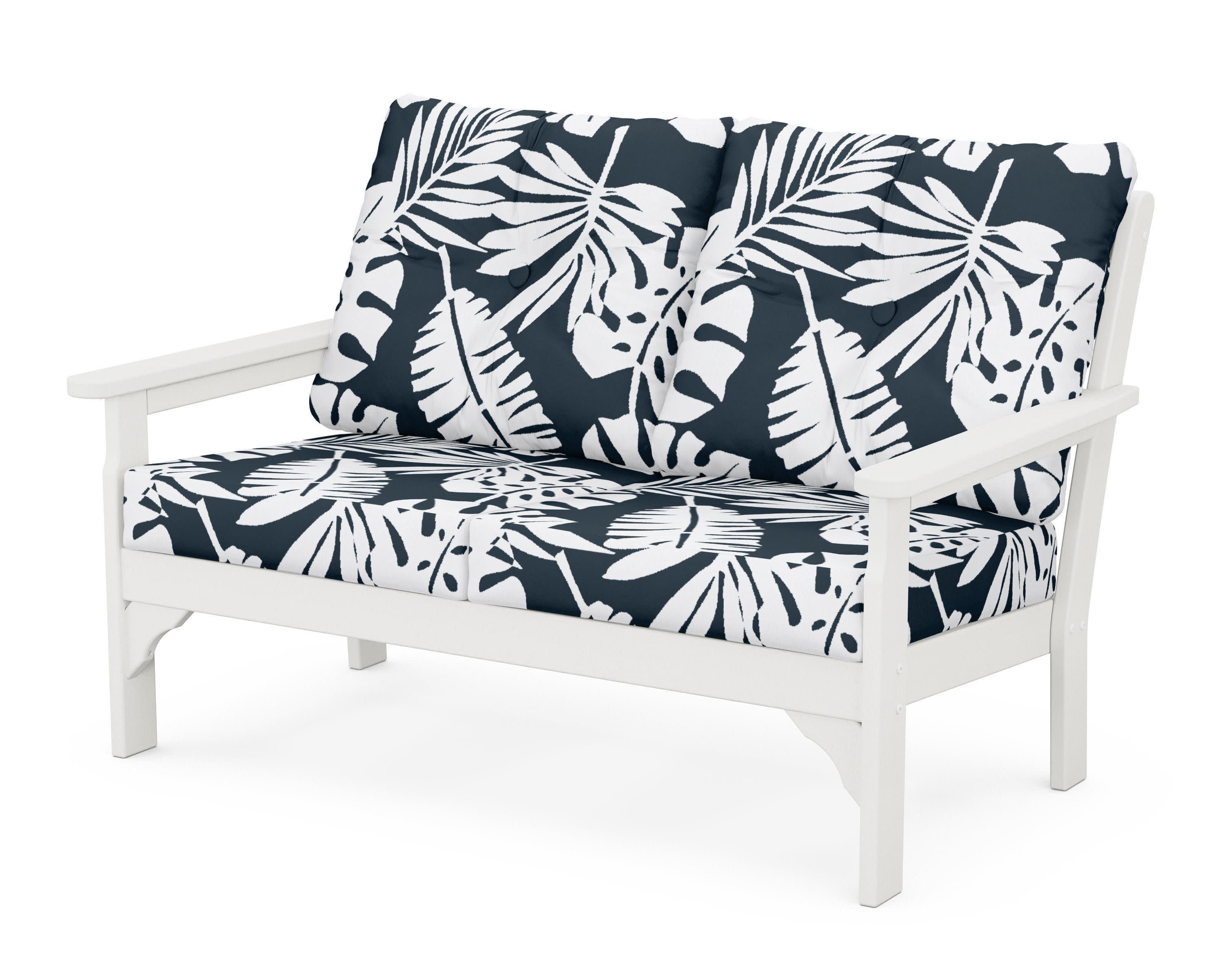 Vineyard Deep Seating Loveseat in Vintage White / Leaf Marine Indigo