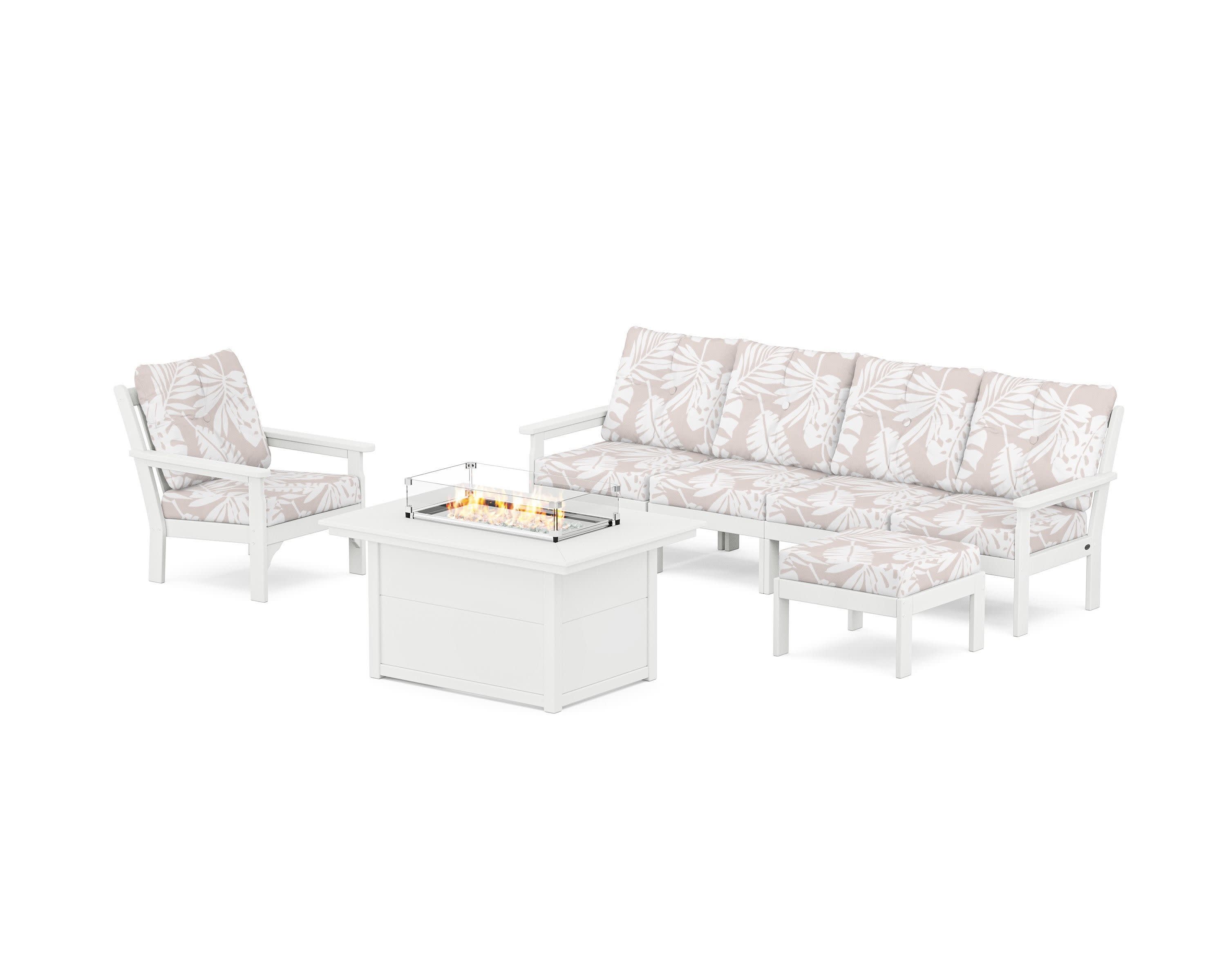 Vineyard Sectional Lounge and Fire Pit Set in White / Leaf Dune Burlap