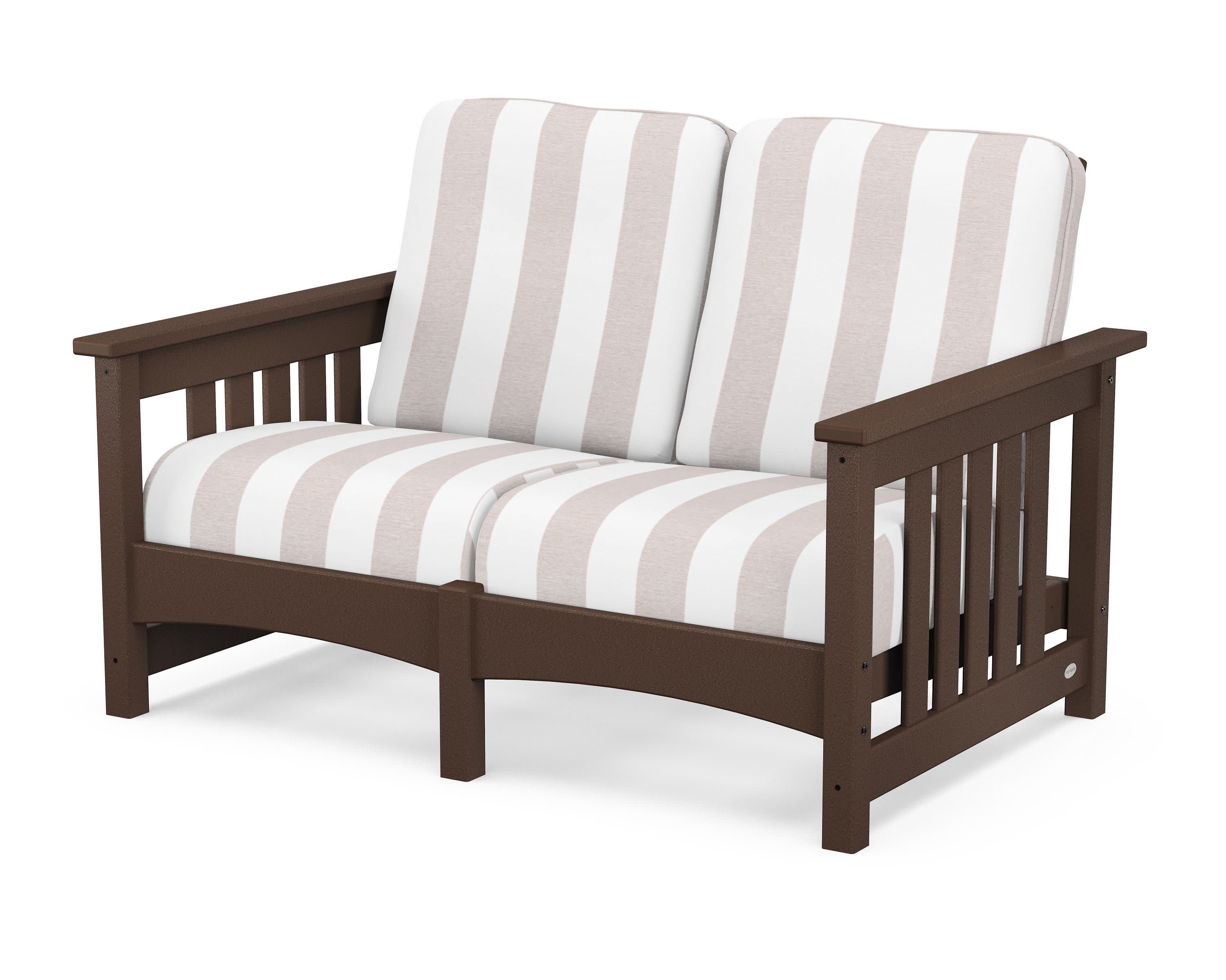 Club Mission Loveseat in Mahogany / Cabana Stripe Dune Burlap