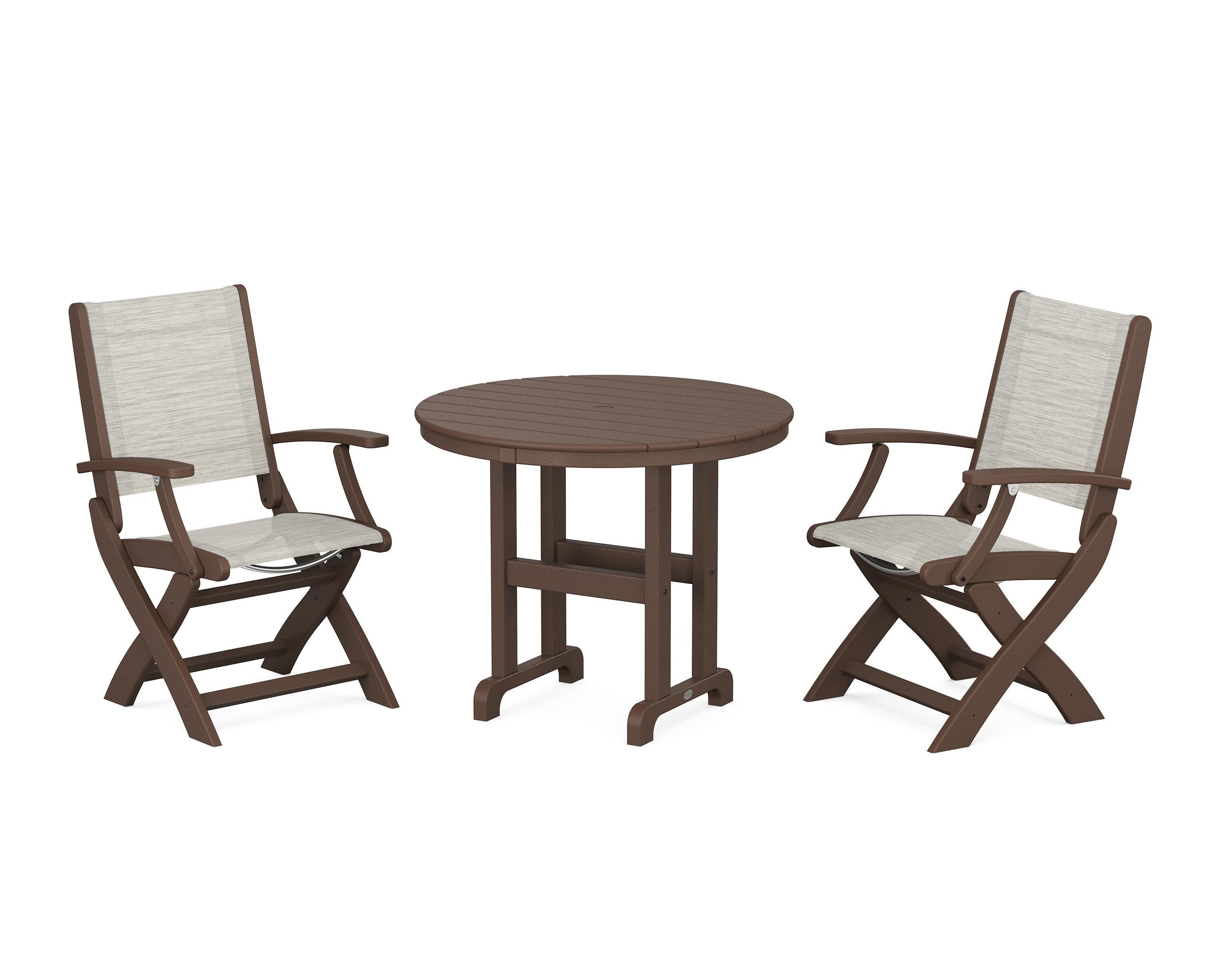 Coastal Folding Chair 3-Piece Round Dining Set in Mahogany / Birch Sling