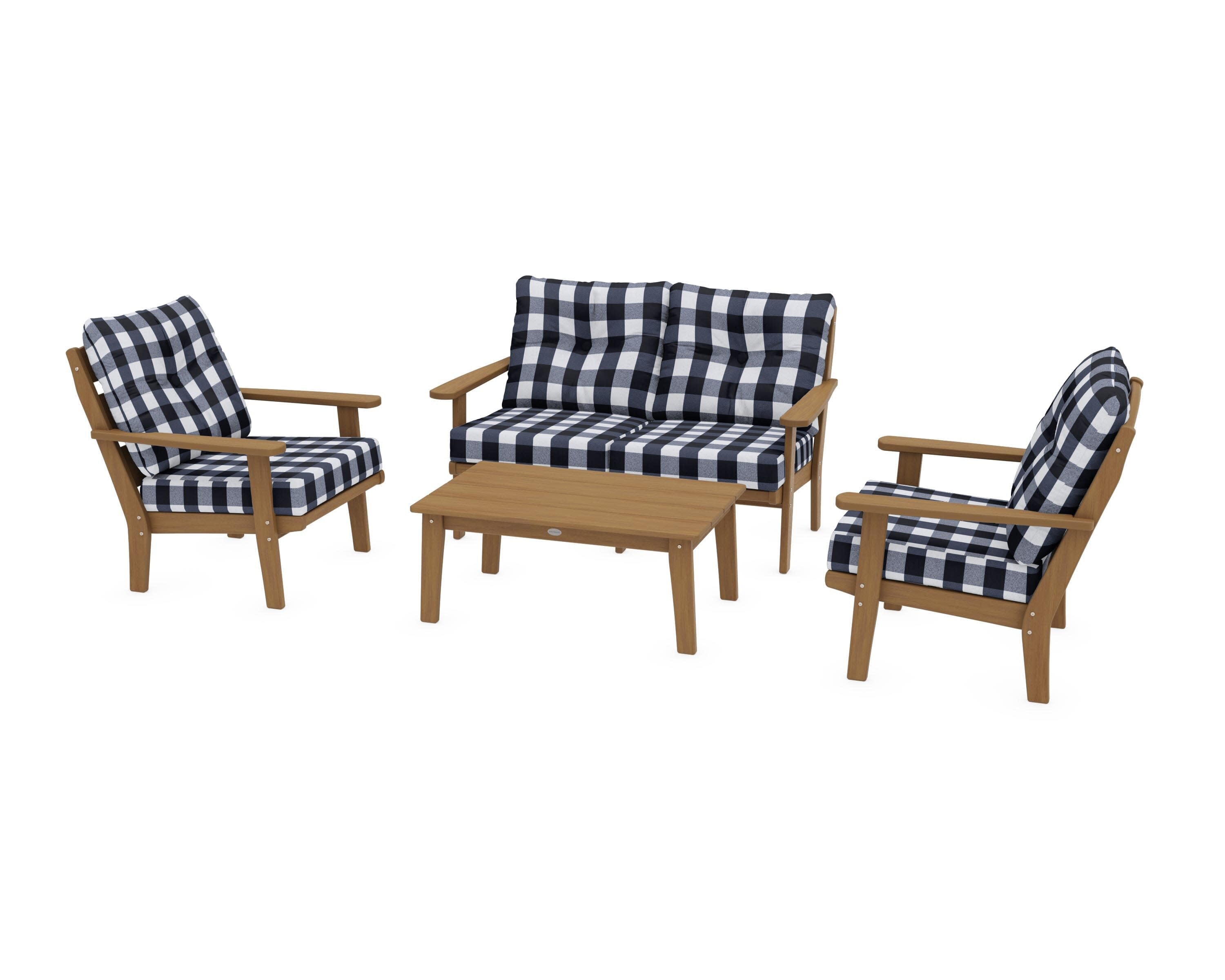 Lakeside 4-Piece Deep Seating Set in Natural / Buffalo Plaid Marine Indigo