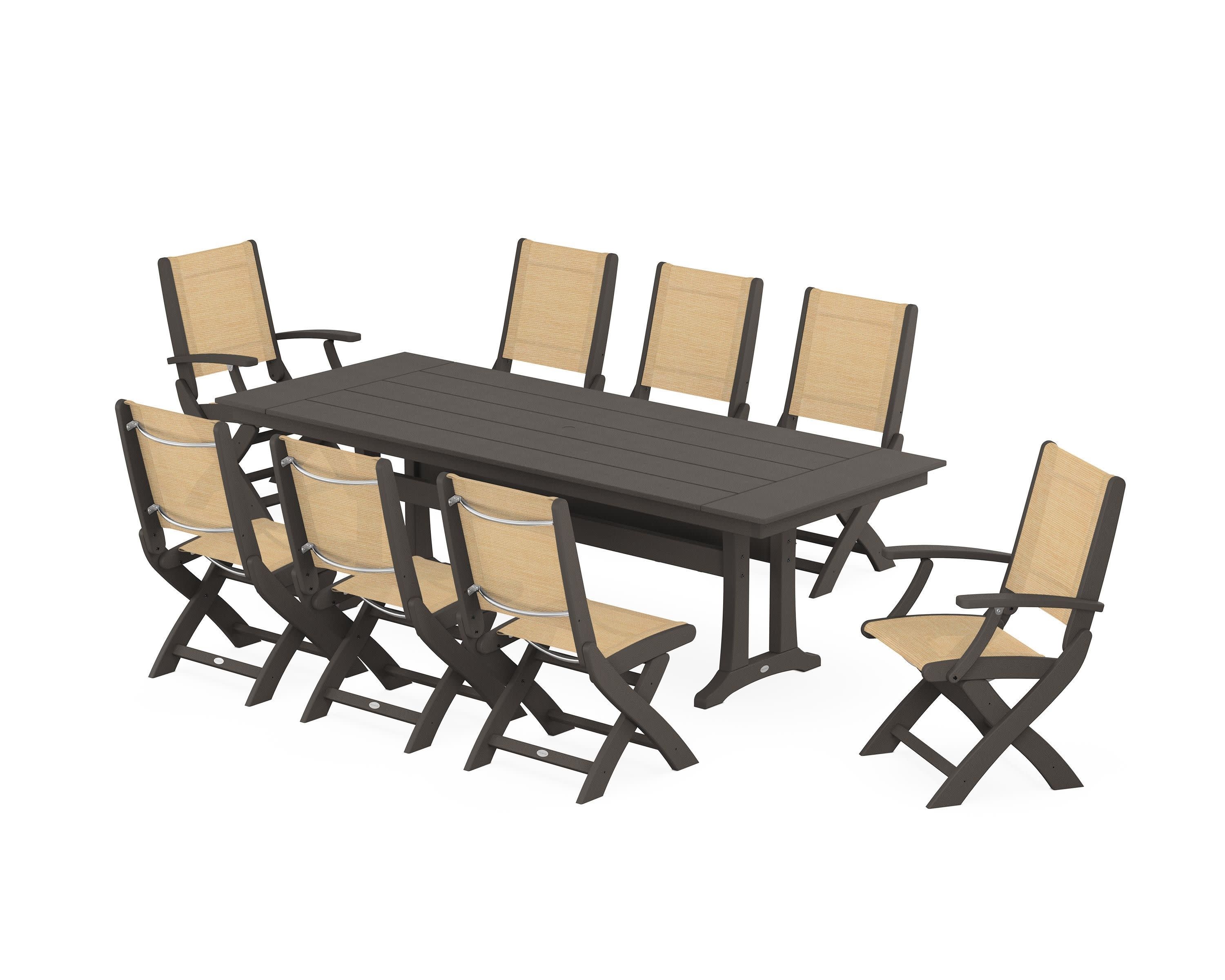 Coastal 9-Piece Folding Dining Chair Farmhouse Dining Set with Trestle Legs in Vintage Coffee / Dupioni Apricot Sling