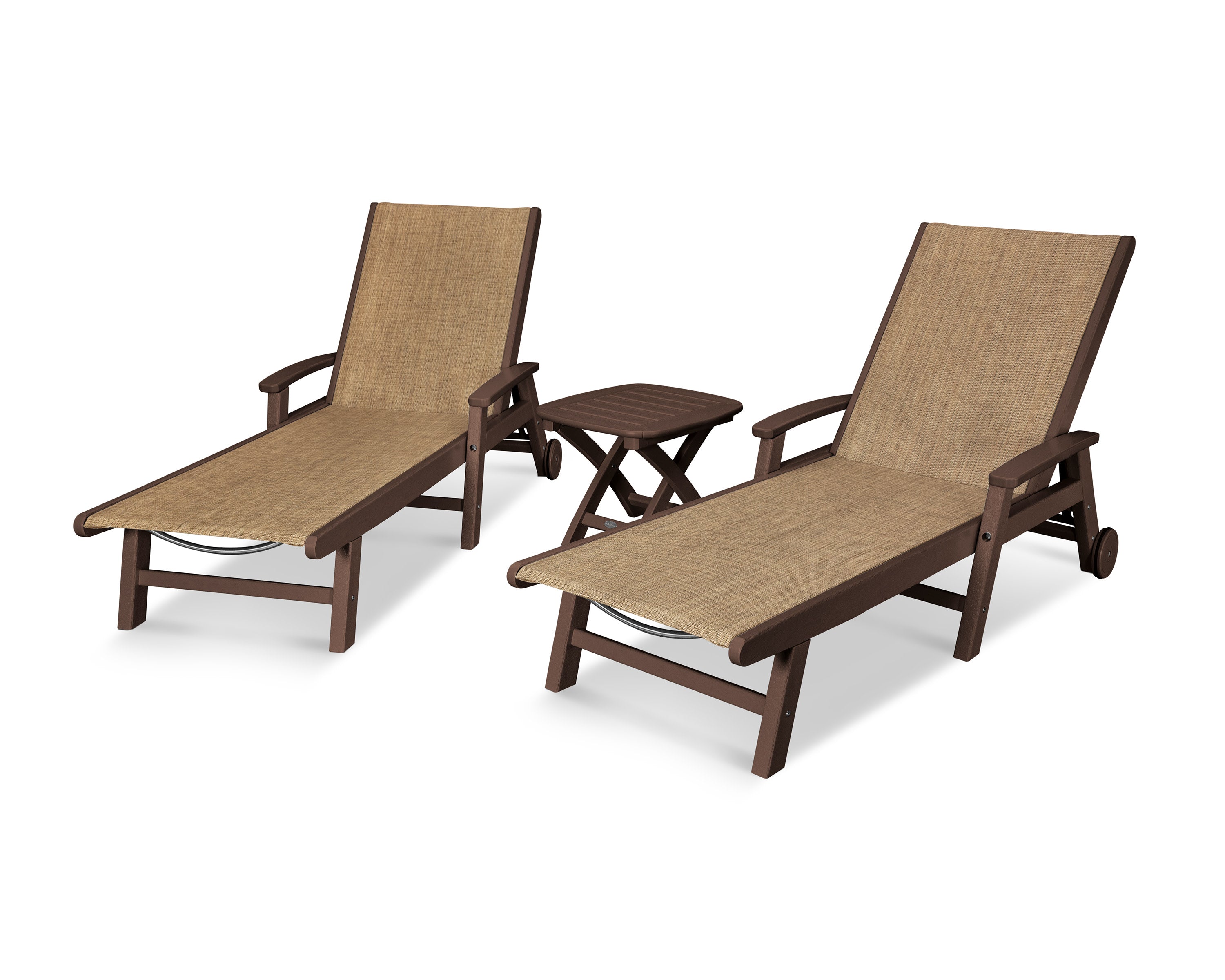 Coastal 3-Piece Wheeled Chaise Set in Mahogany / Burlap Sling