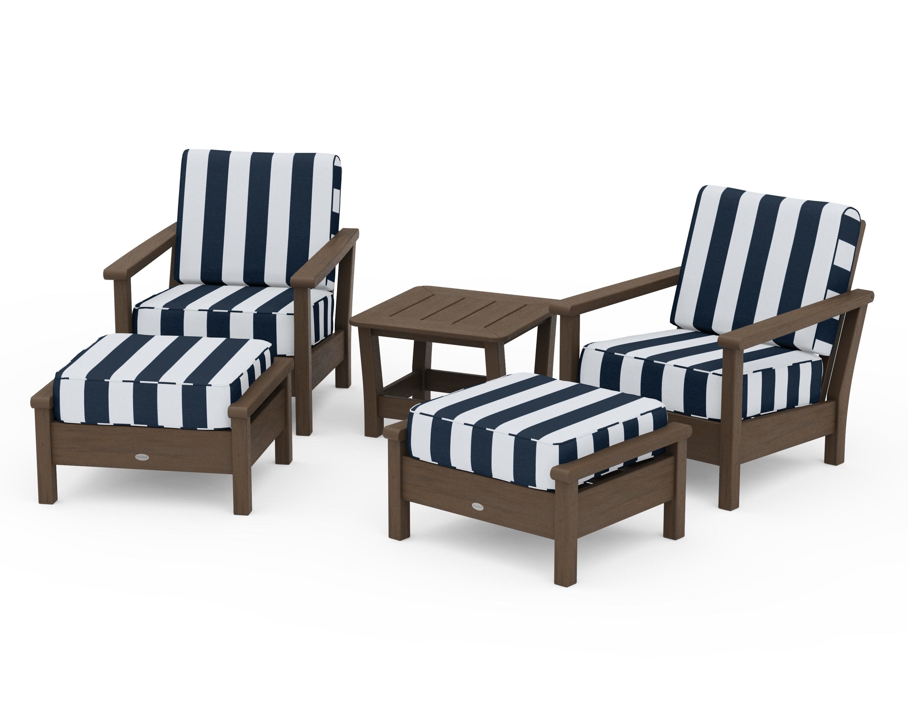 Harbour 5-Piece Deep Seating Chair Set in Kona / Cabana Stripe Marine Indigo