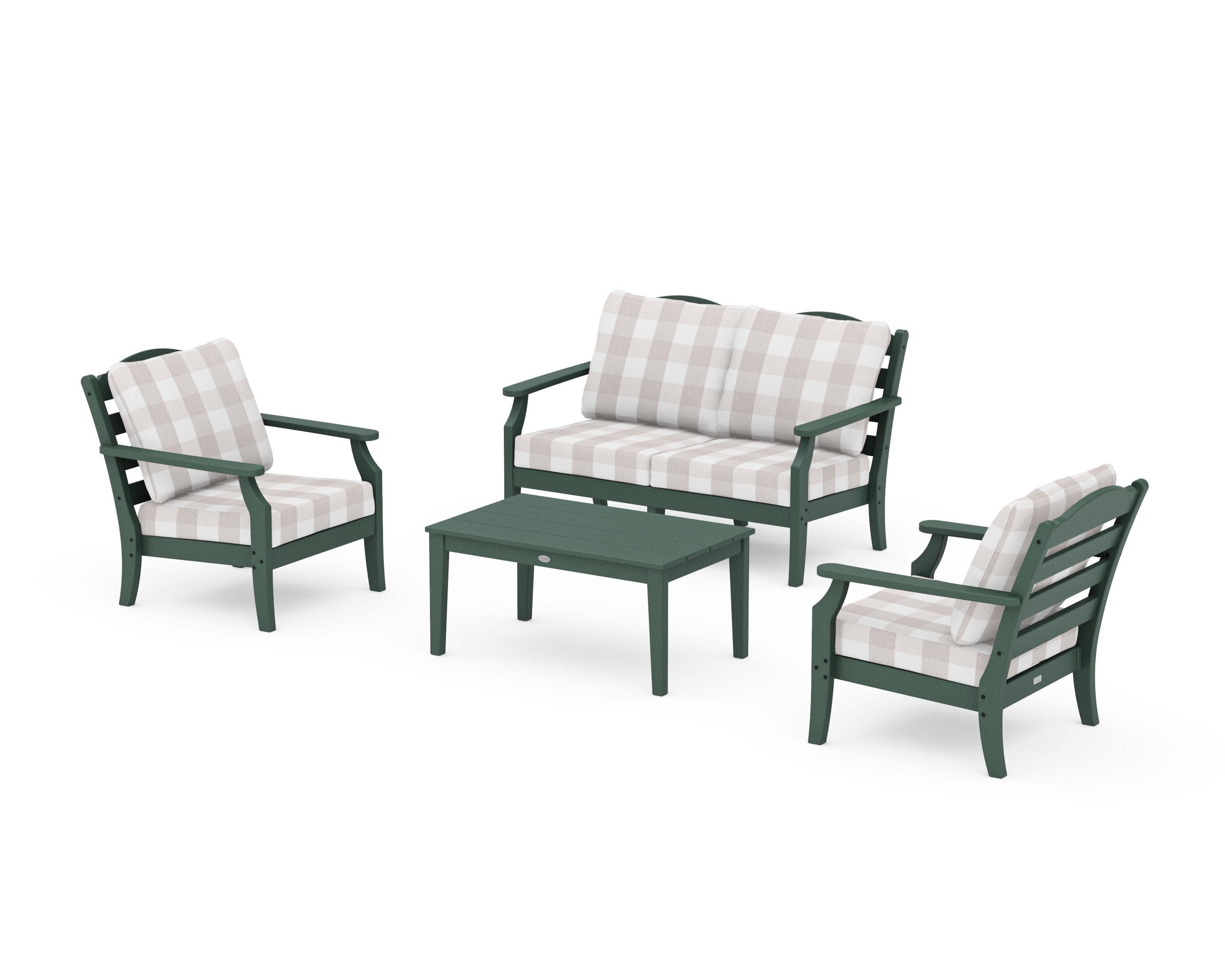 Savannah 4-Piece Deep Seating Set with Loveseat in Green / Buffalo Plaid Dune Burlap