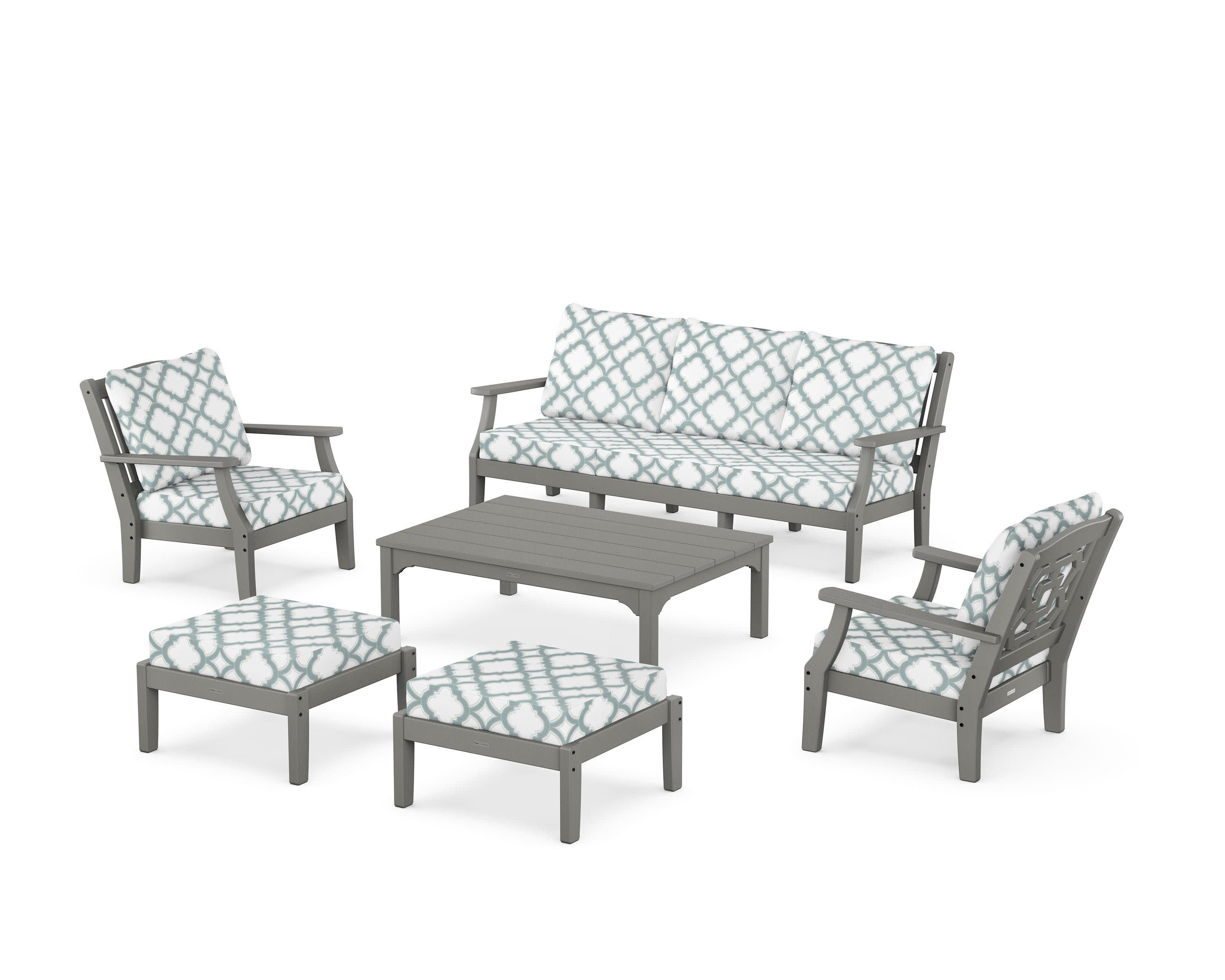 Chinoiserie 6-Piece Lounge Sofa Set in Slate Grey / Trellis Glacier Spa