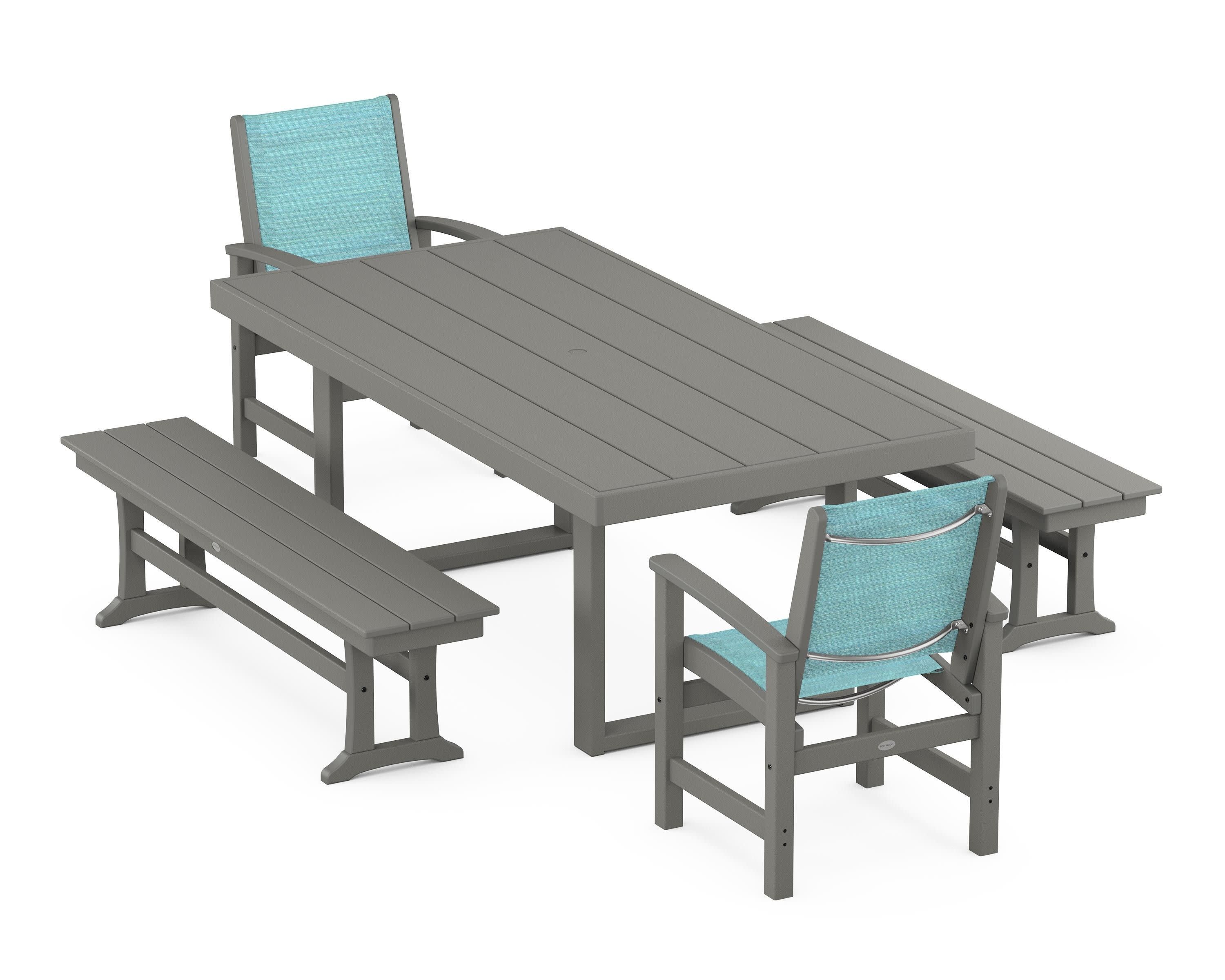 Coastal 5-Piece Dining Set with Trestle Legs in Slate Grey / Dupioni Aquamarine Sling