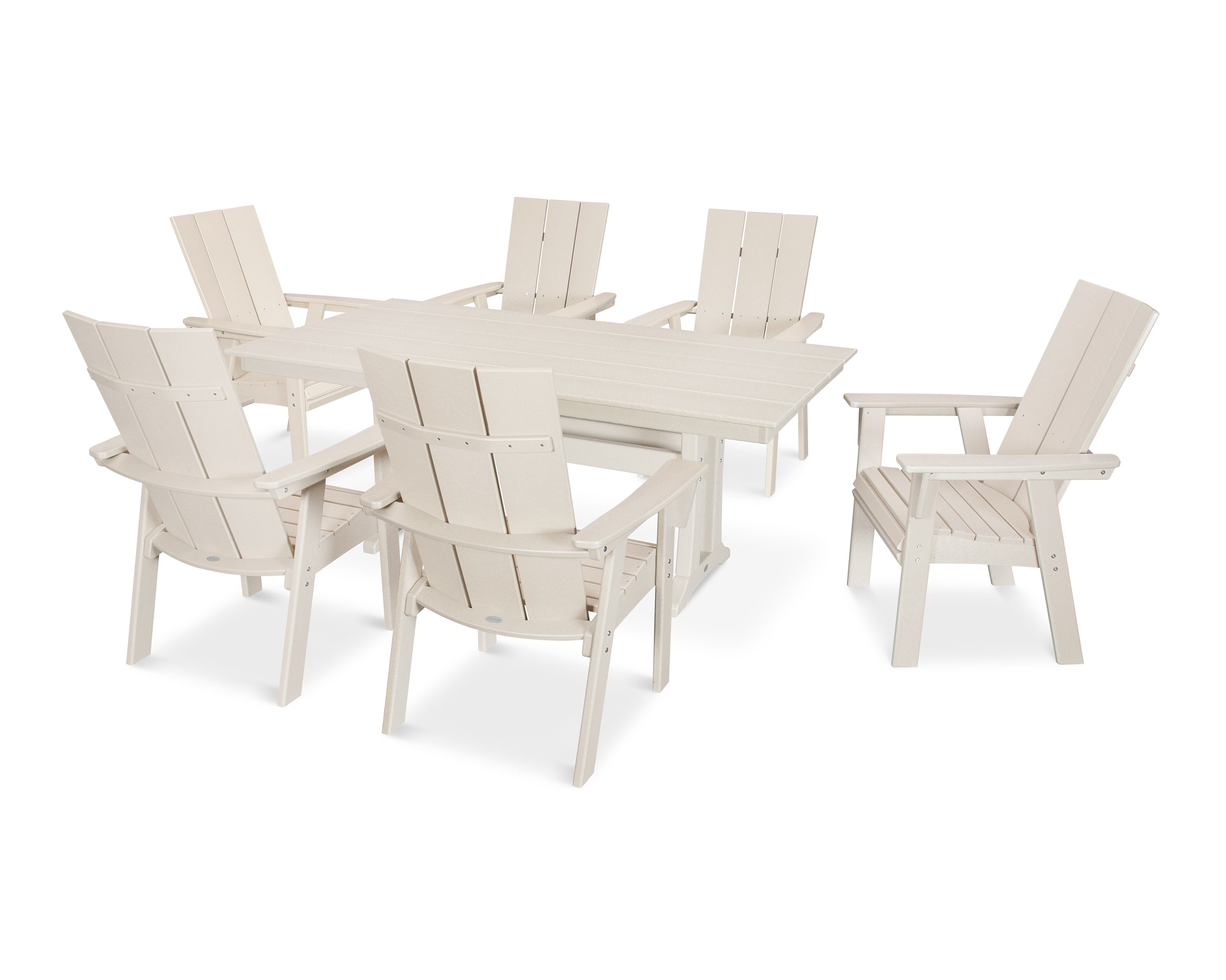 Modern Curveback Adirondack 7-Piece Farmhouse Dining Set with Trestle Legs in Sand