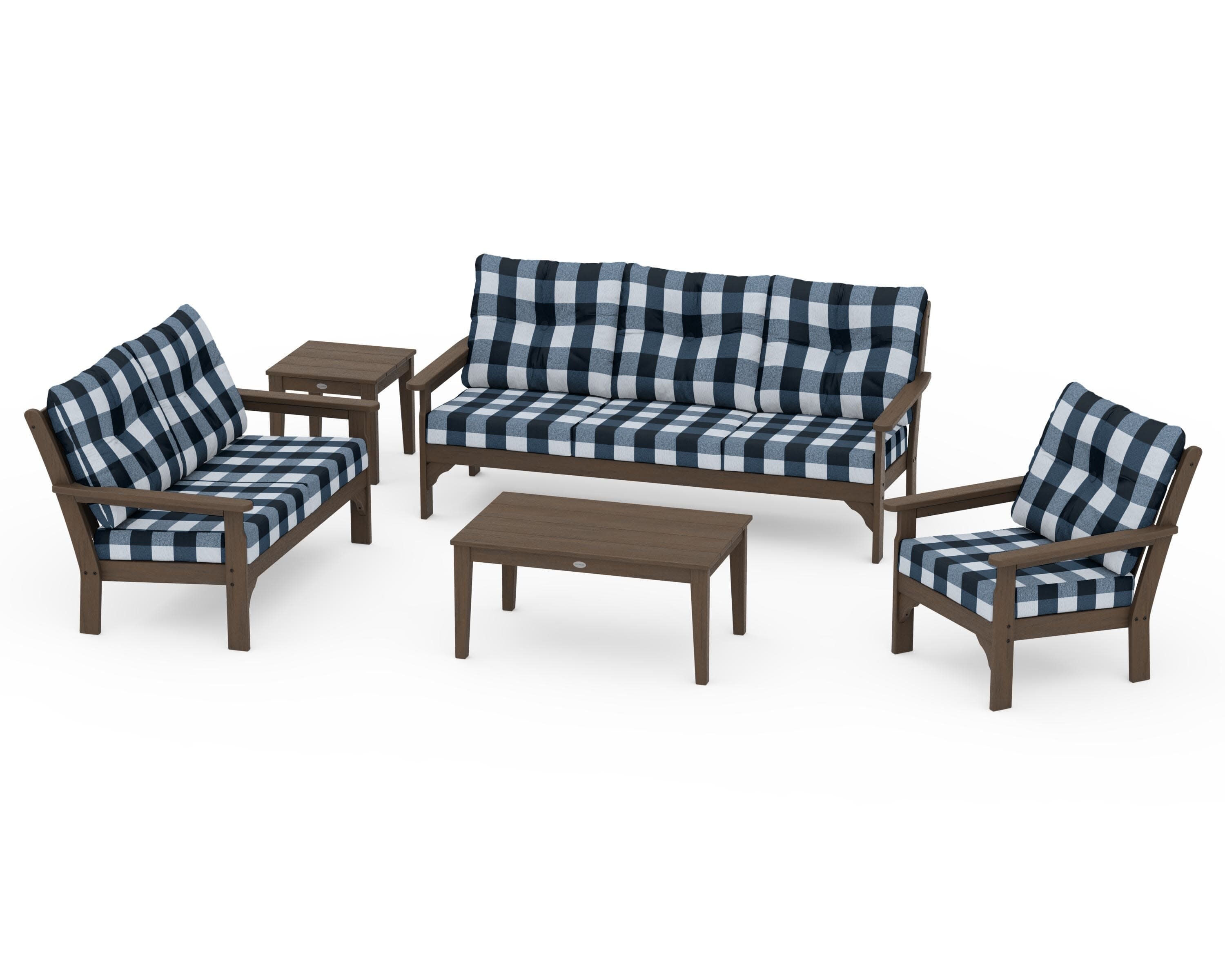 Vineyard 5 Piece Deep Seating Set in Kona / Buffalo Plaid Marine Indigo