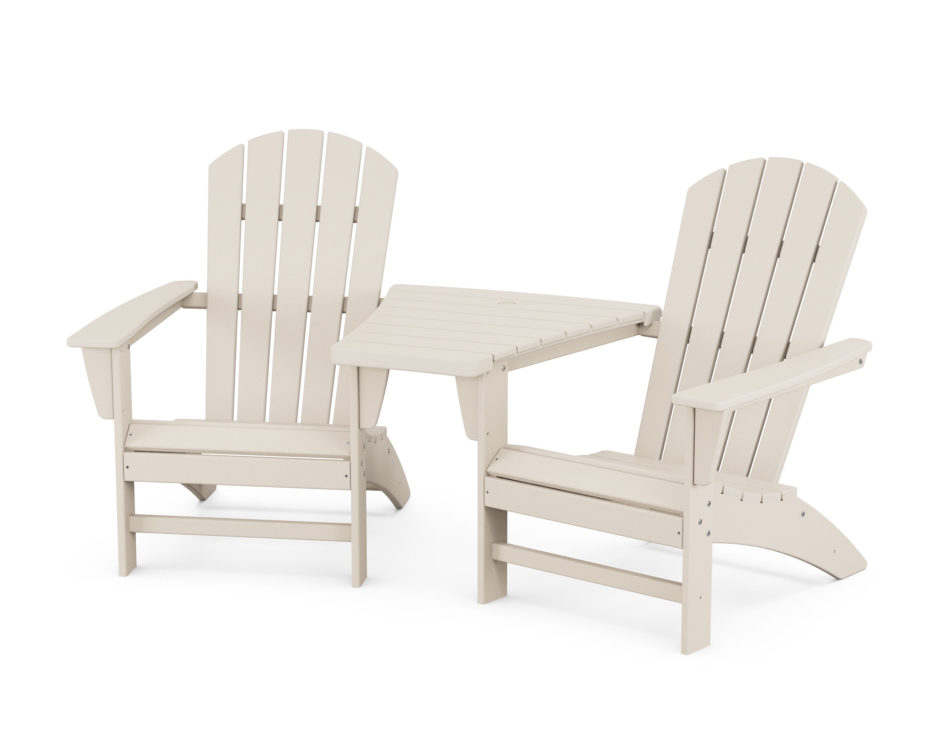 Nautical 3-Piece Adirondack Set with Angled Connecting Table in Sand