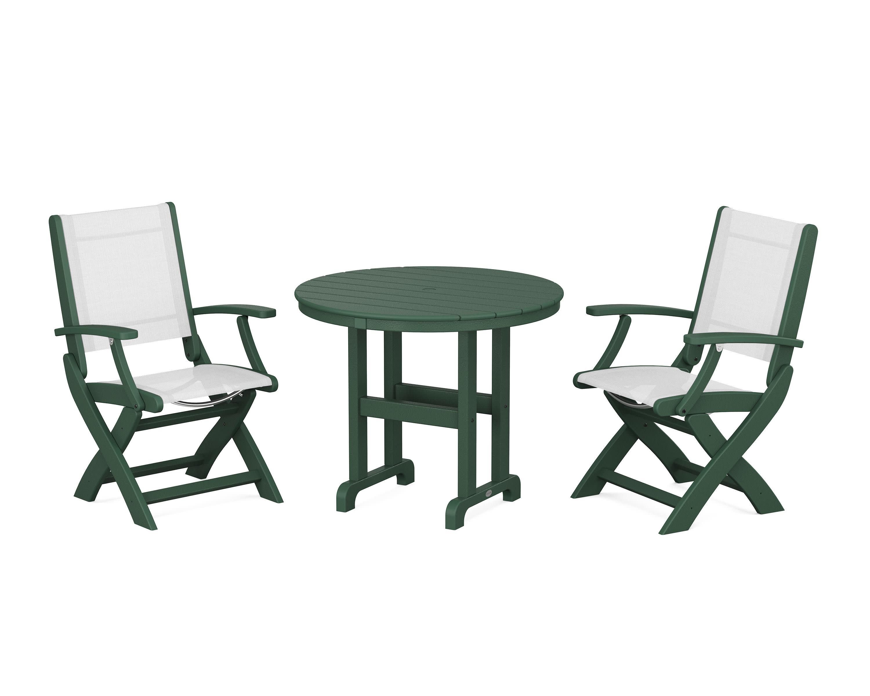 Coastal Folding Chair 3-Piece Round Dining Set in Green / White Sling