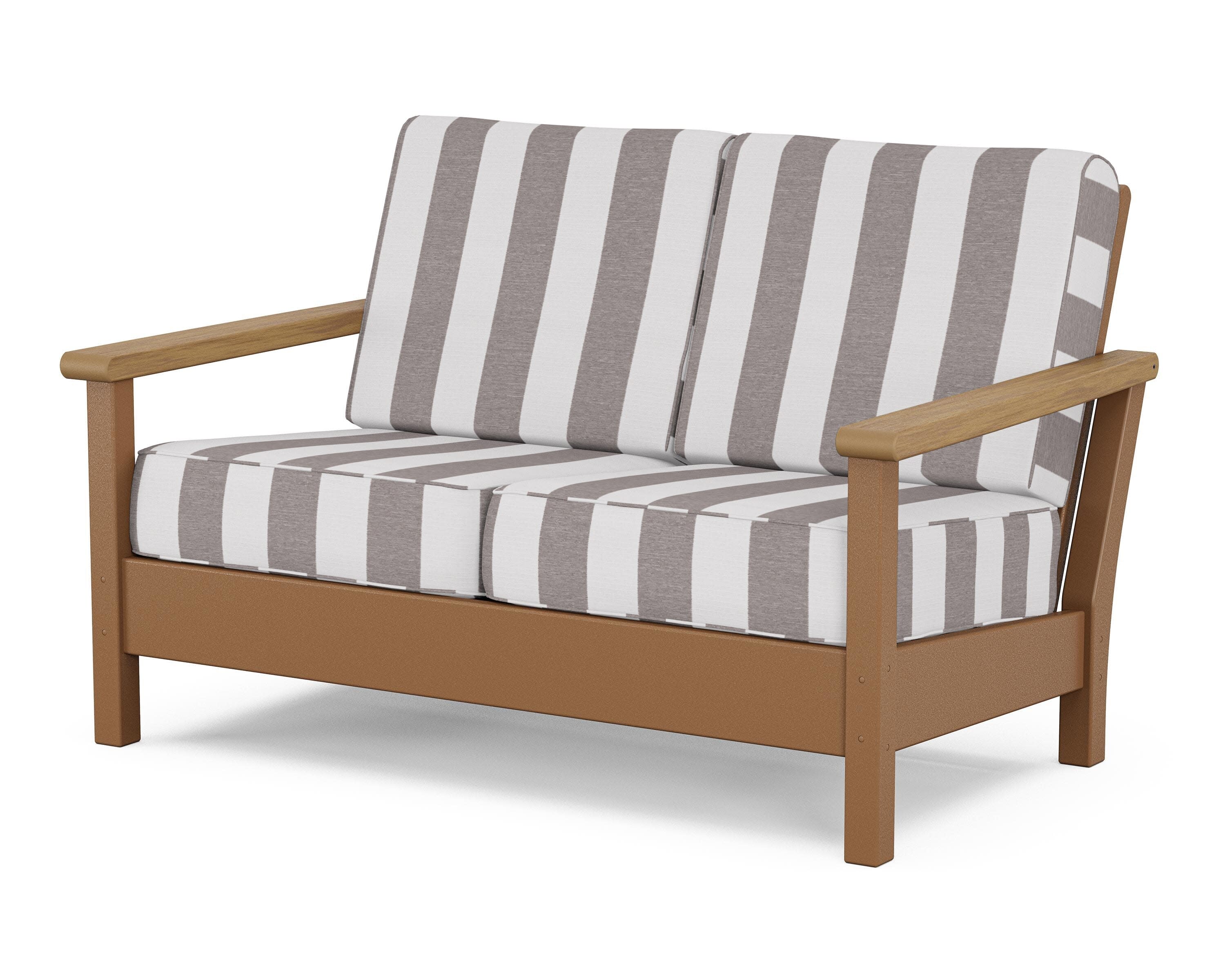 Harbour Deep Seating Loveseat in Teak / Natural / Cabana Stripe Grey Mist