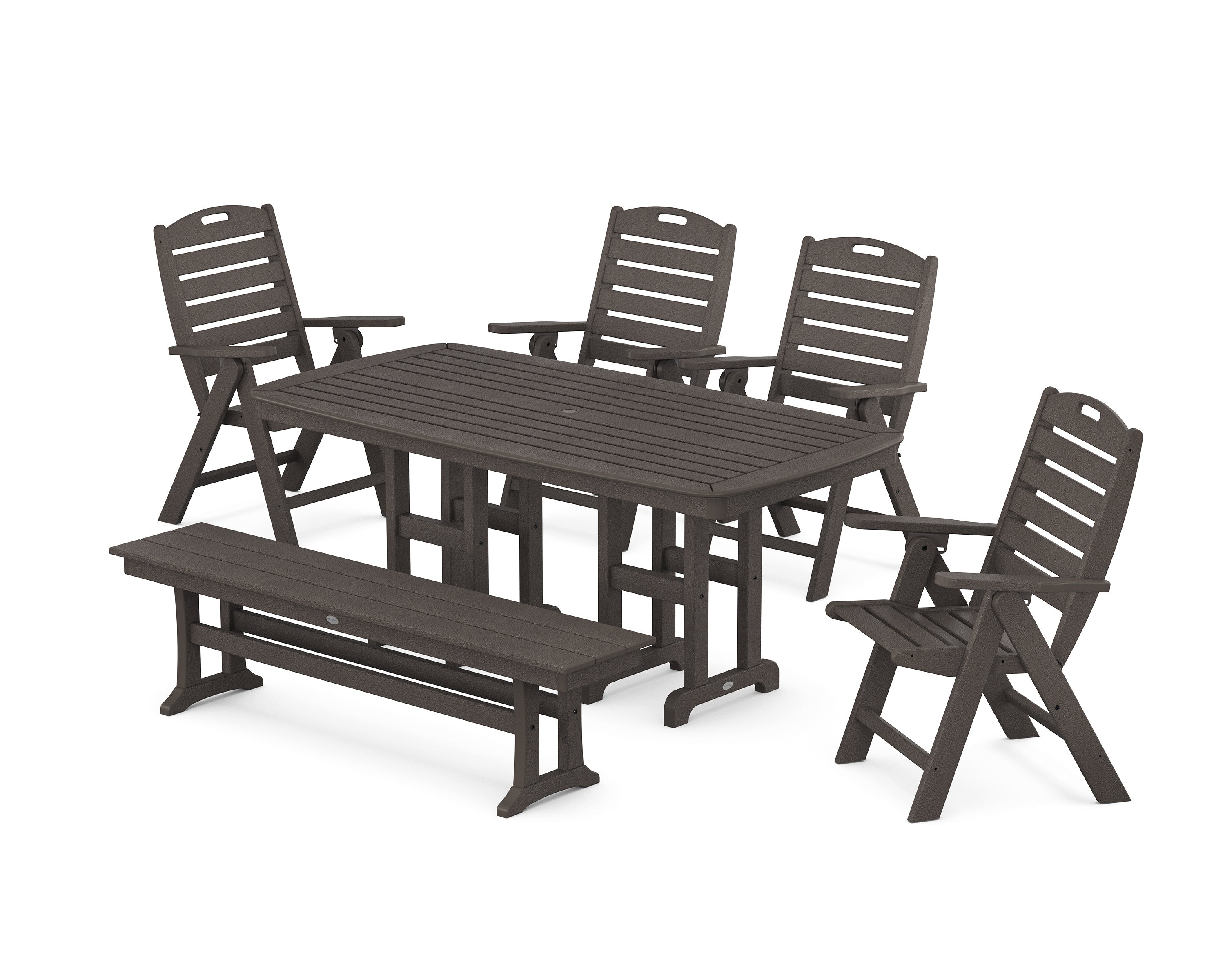 Nautical Highback 6-Piece Dining Set with Bench in Vintage Coffee