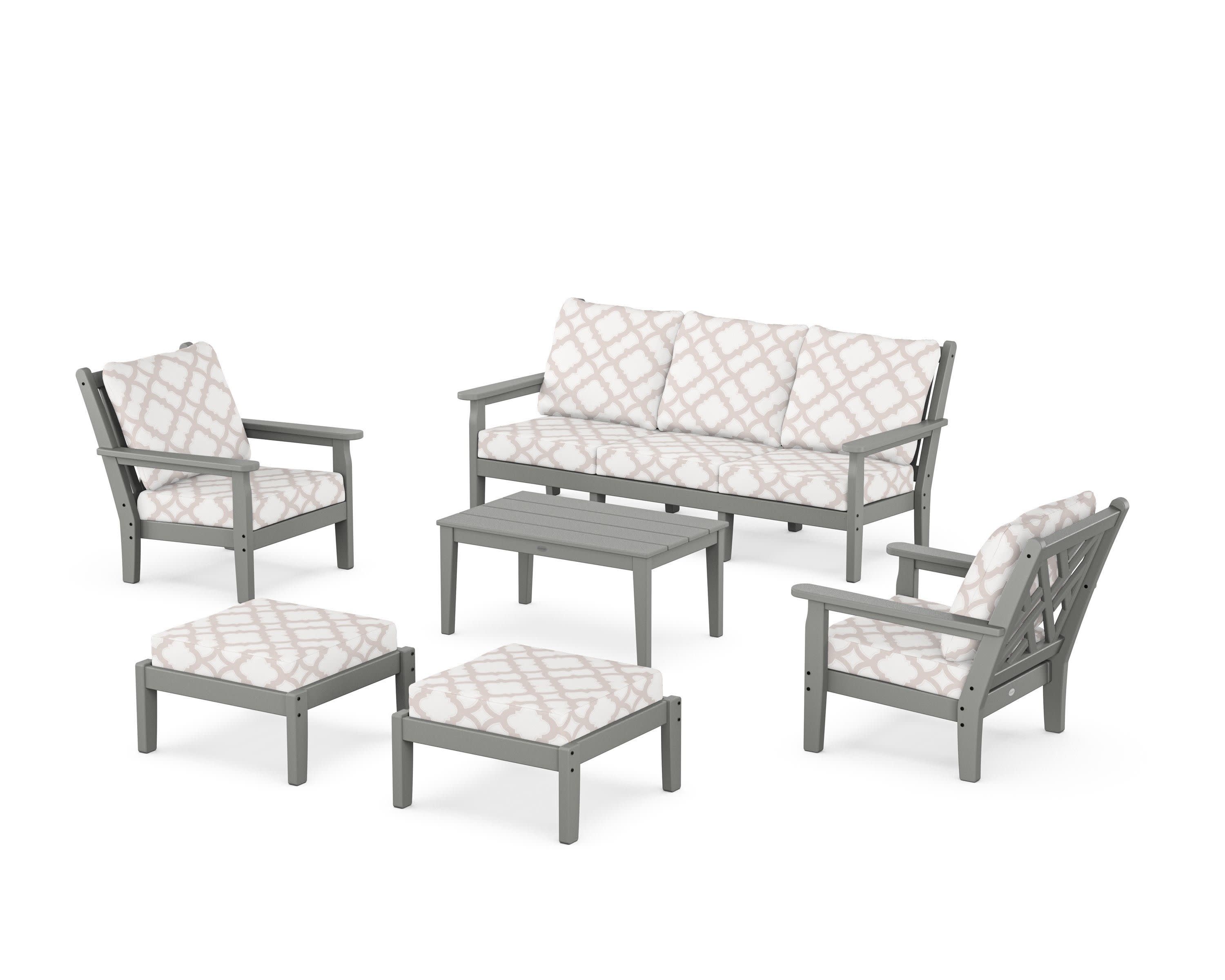 Chippendale 6-Piece Lounge Sofa Set in Slate Grey / Trellis Dune Burlap