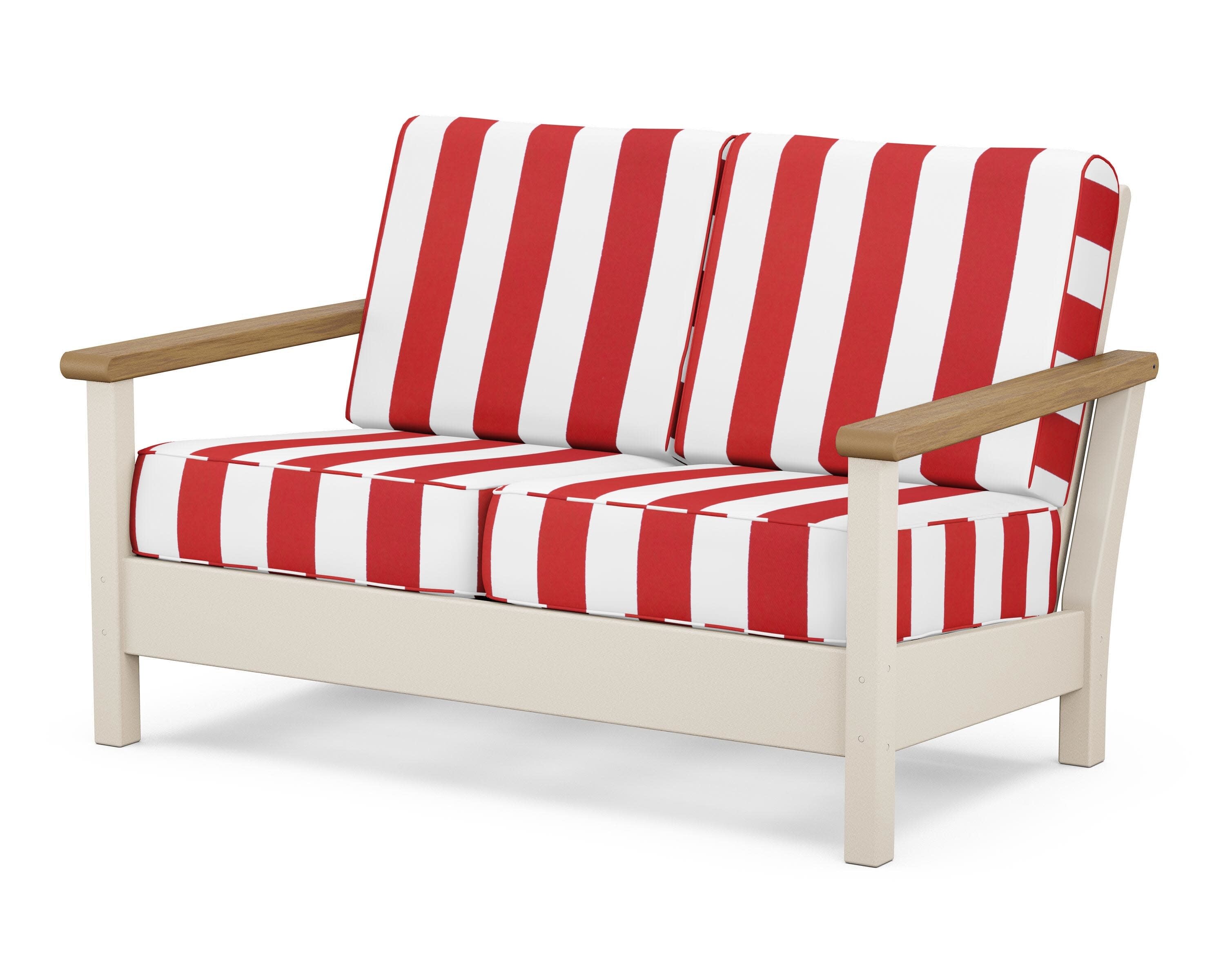 Harbour Deep Seating Loveseat in Sand / Natural / Cabana Stripe Crimson