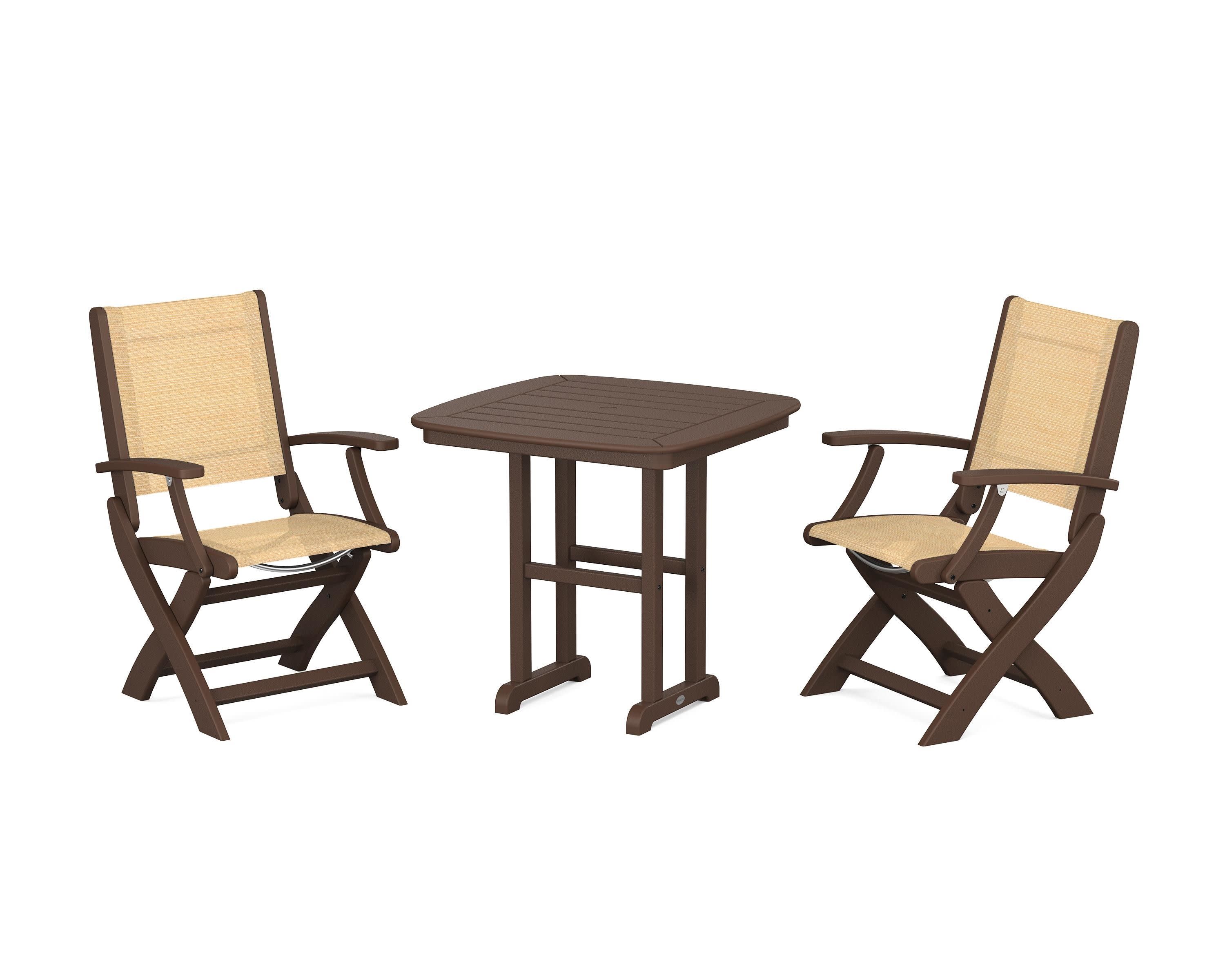Coastal Folding Chair 3-Piece Dining Set in Mahogany / Dupioni Apricot Sling