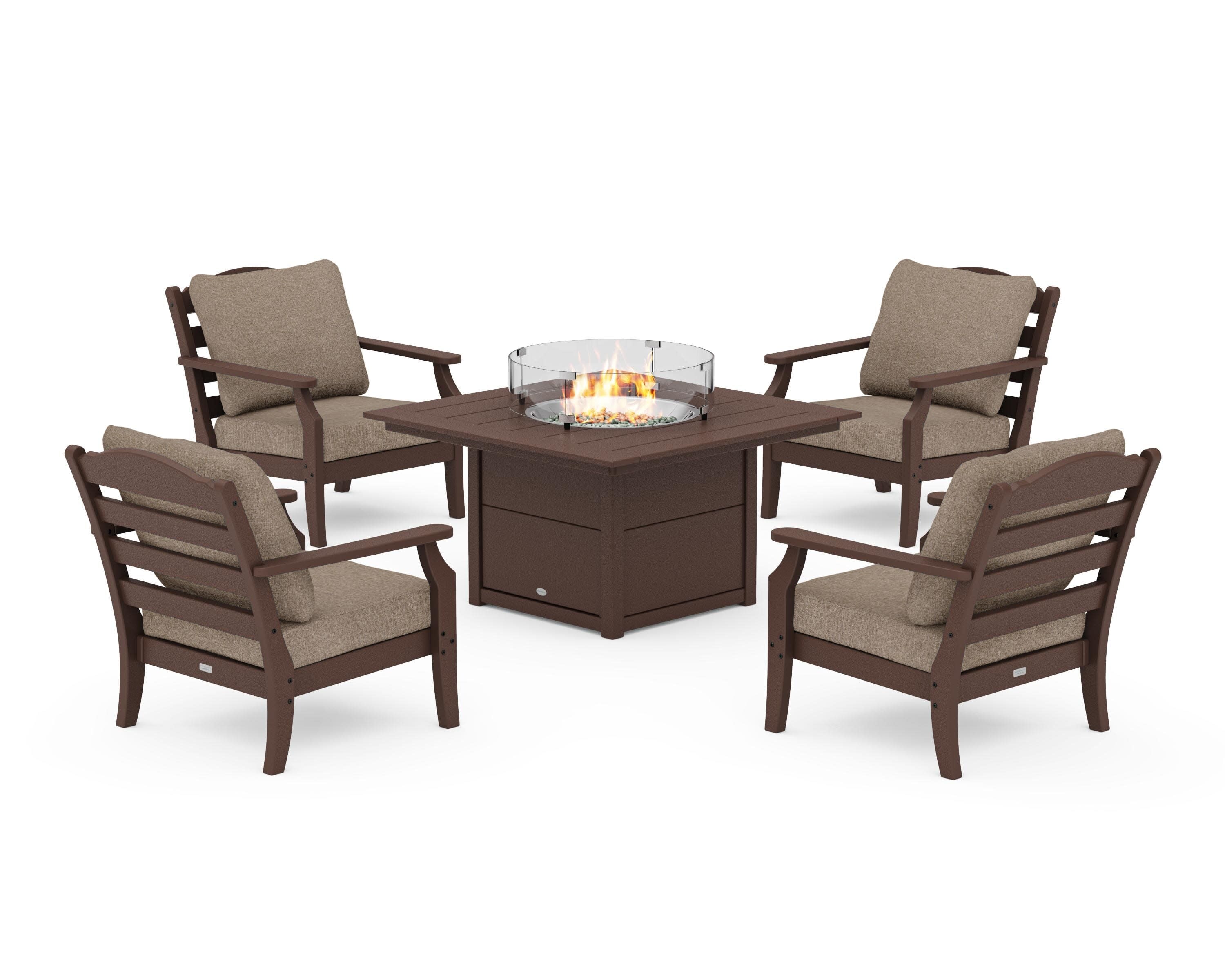 Savannah 5-Piece Deep Seating Set with Fire Pit Table in Mahogany / Spiced Burlap