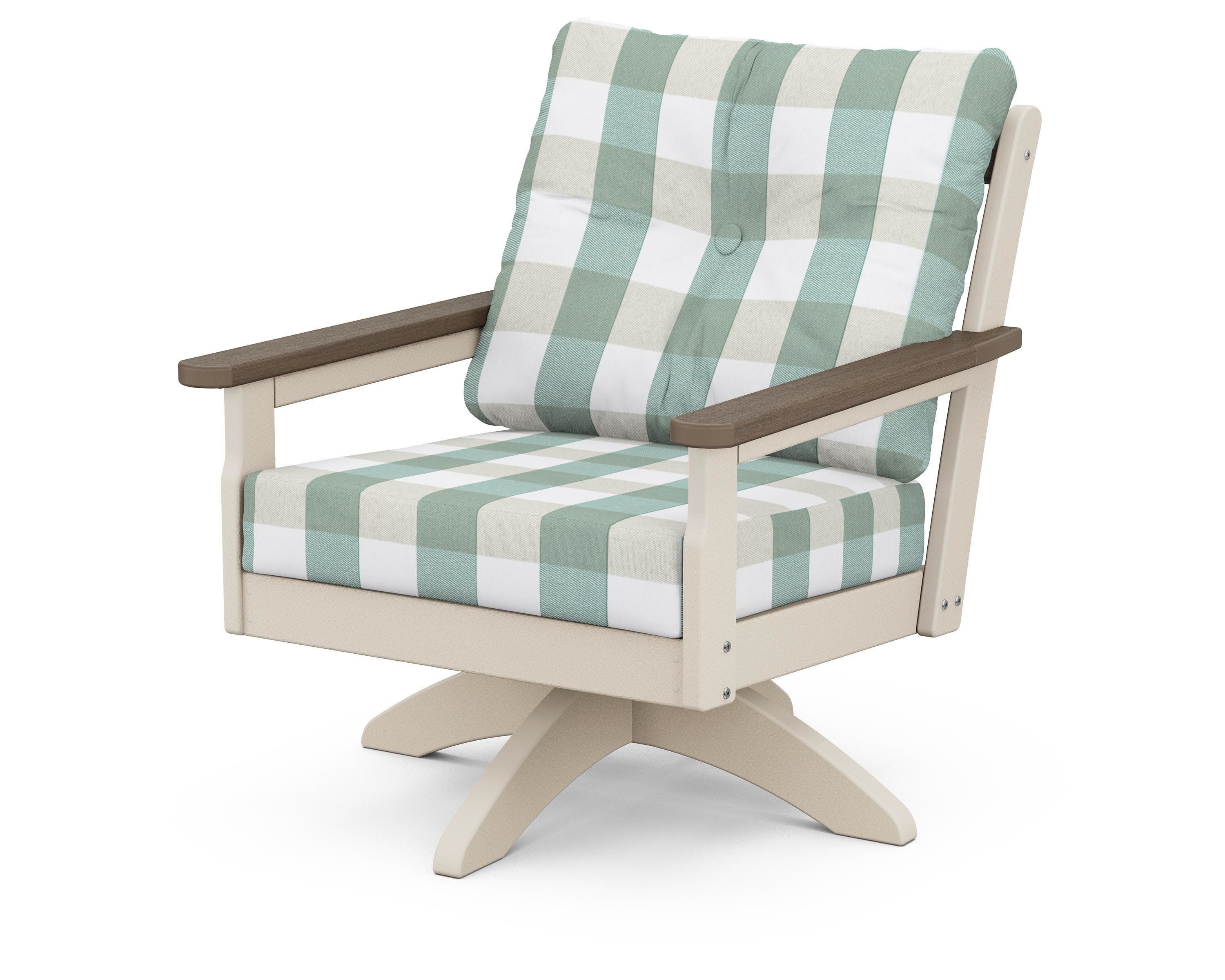 Vineyard Deep Seating Swivel Chair in Sand / Kona / Buffalo Plaid Glacier Spa