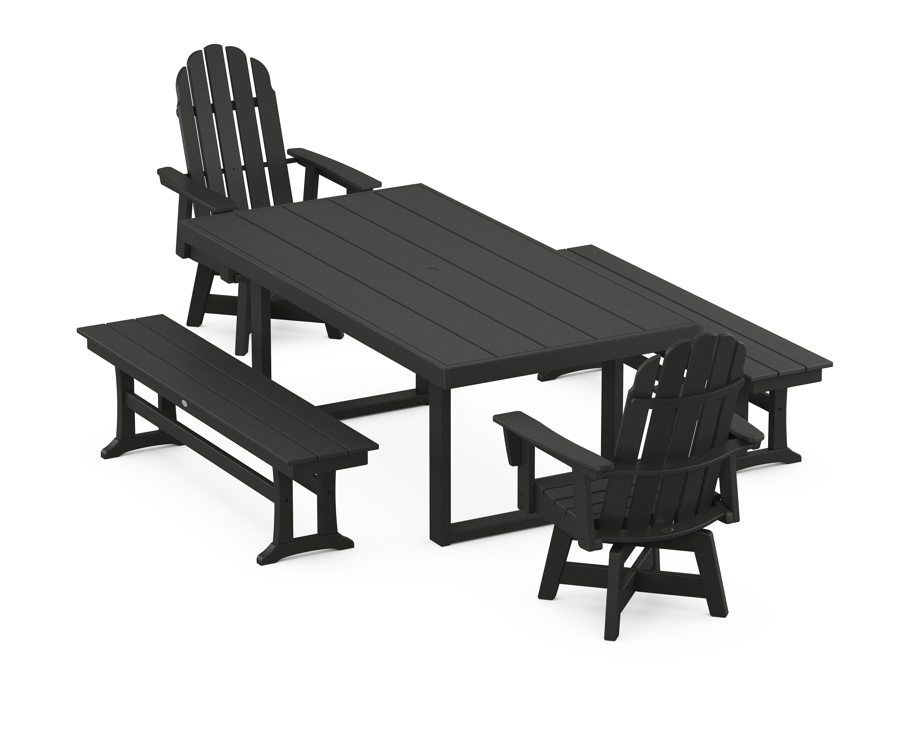 Vineyard Curveback Adirondack Swivel Chair 5-Piece Dining Set with Benches in Black