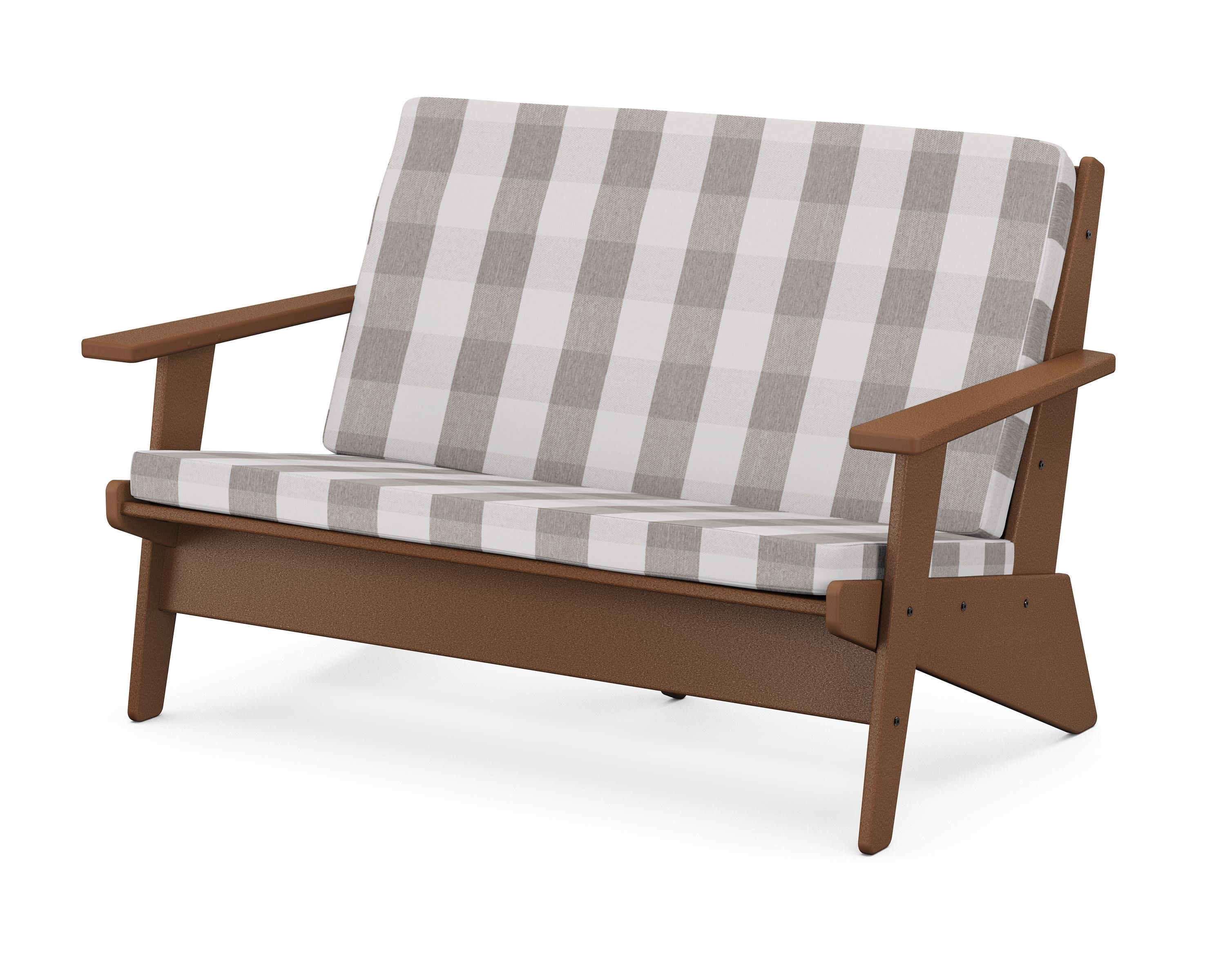 Riviera Modern Lounge Loveseat in Teak / Buffalo Plaid Grey Mist