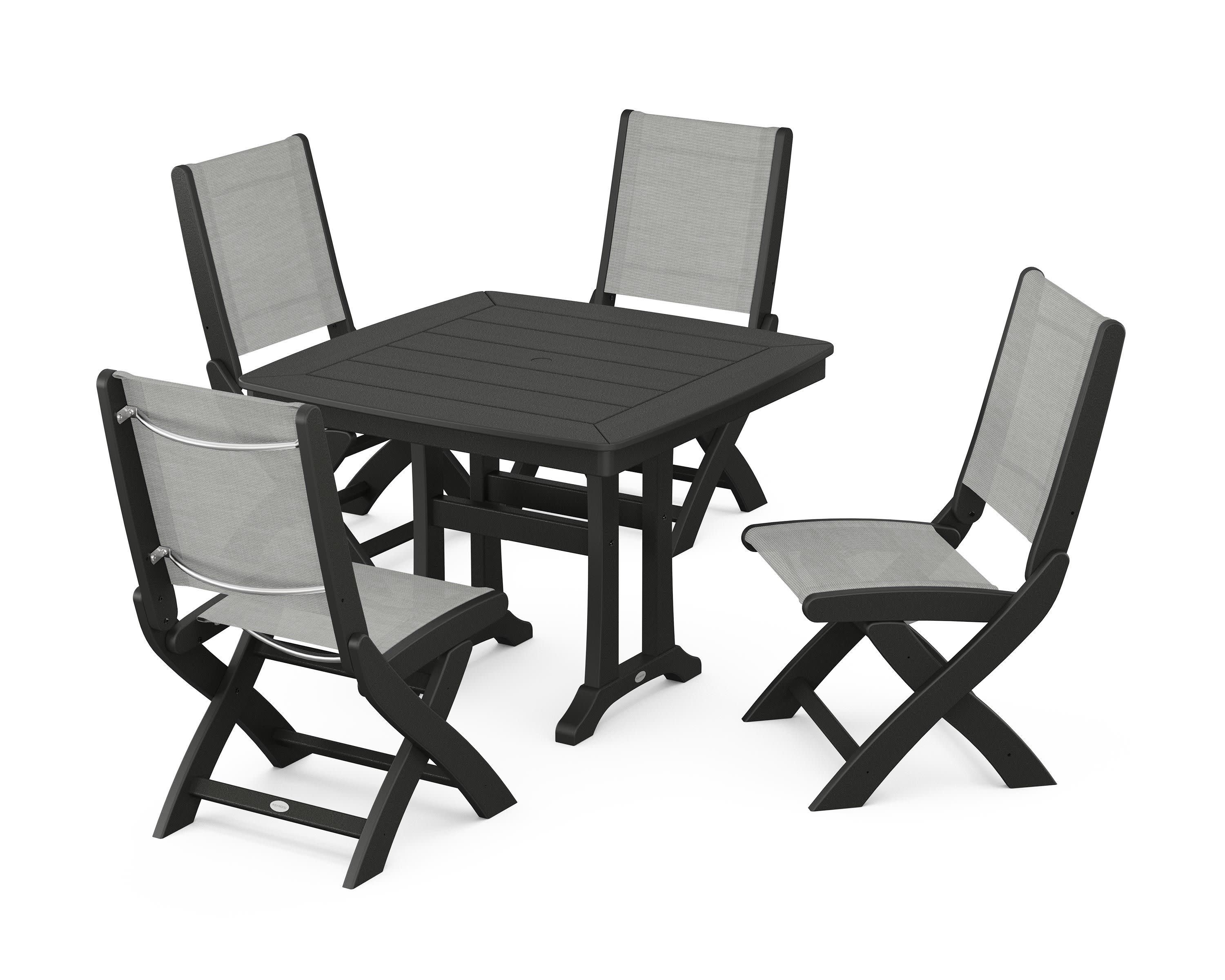 Coastal Folding Side Chair 5-Piece Dining Set with Trestle Legs in Black / Metallic Sling