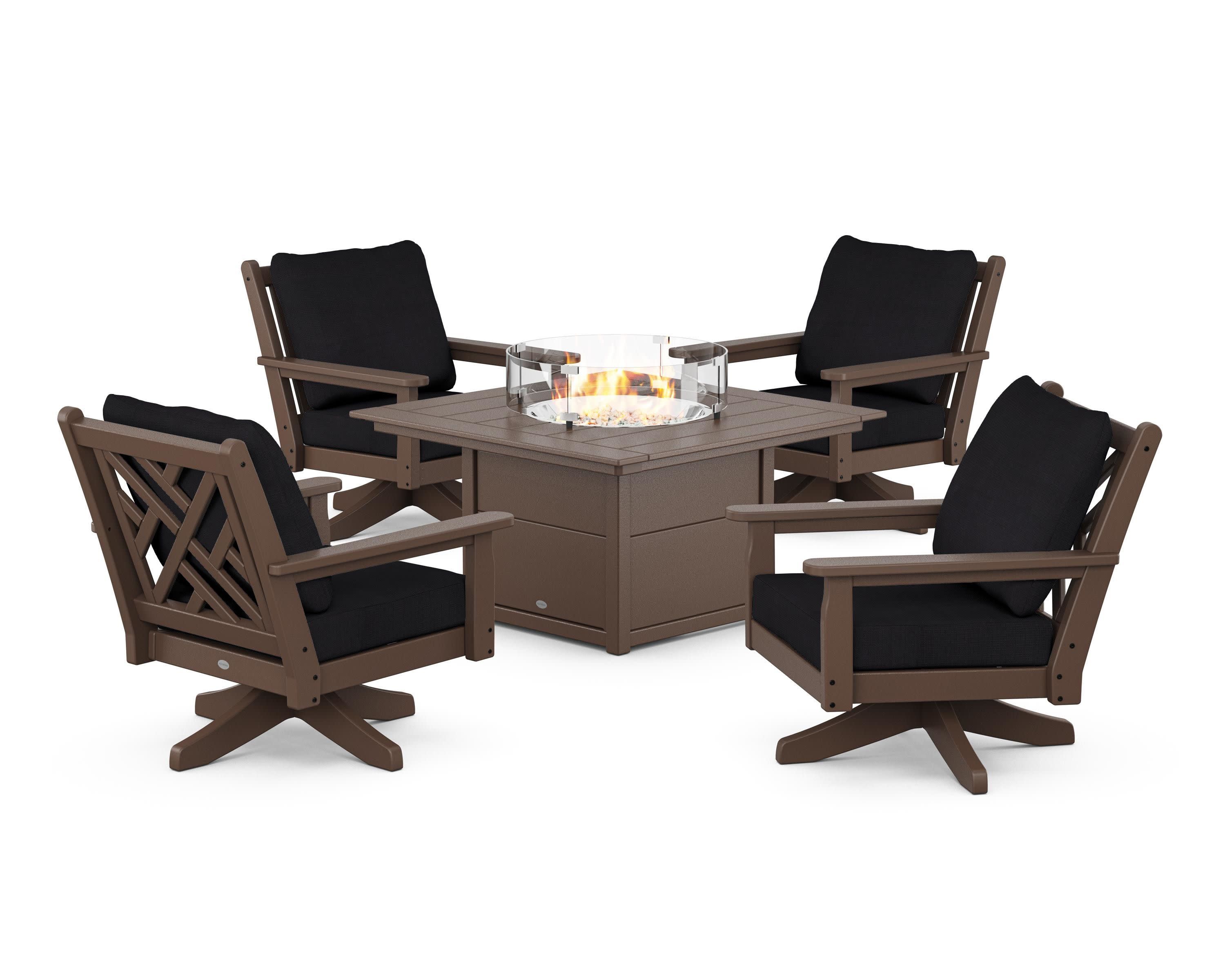 Chippendale 5-Piece Deep Seating Swivel Conversation Set with Fire Pit Table in Mahogany / Midnight Linen