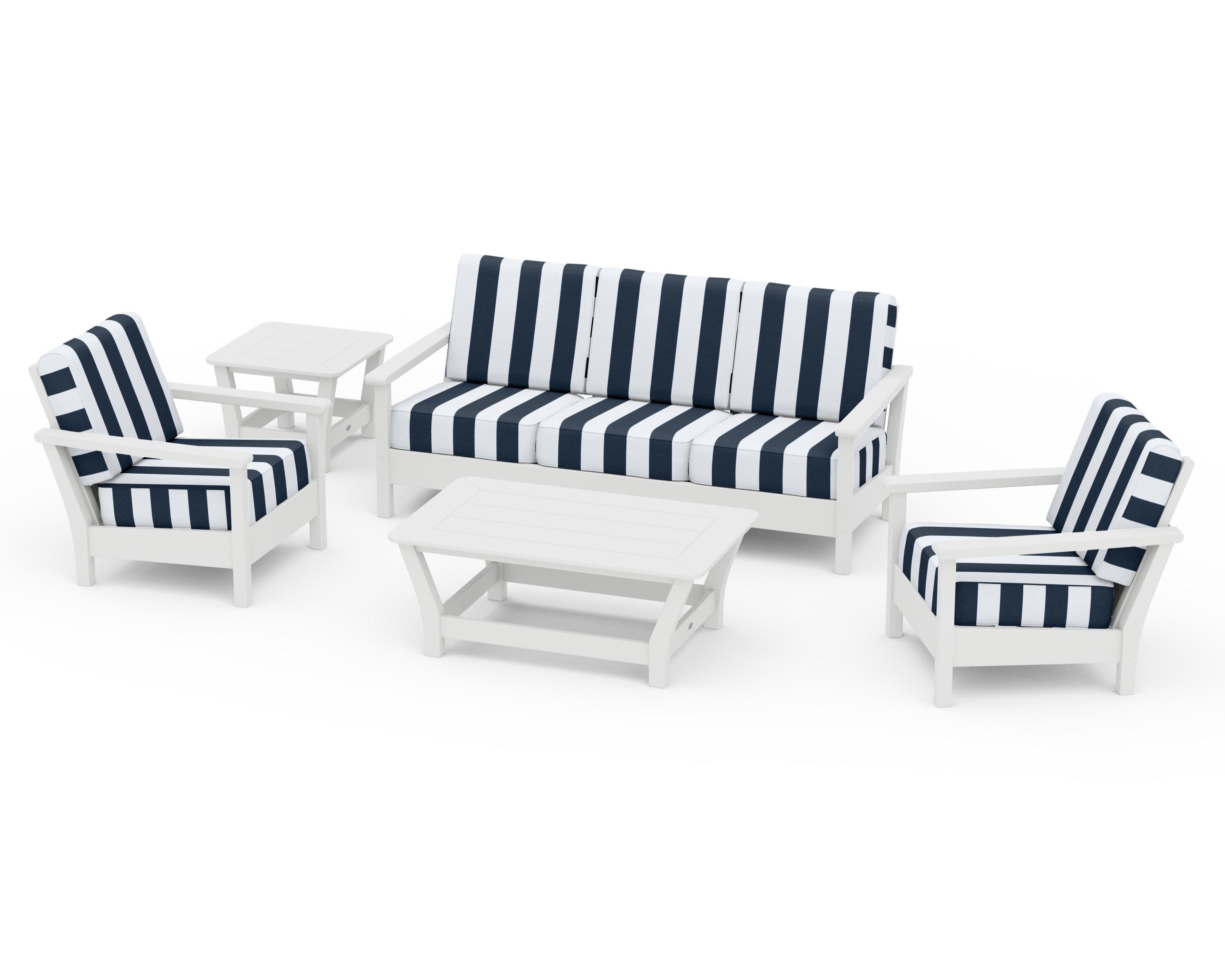 Harbour 5-Piece Deep Seating Set in White / Cabana Stripe Marine Indigo