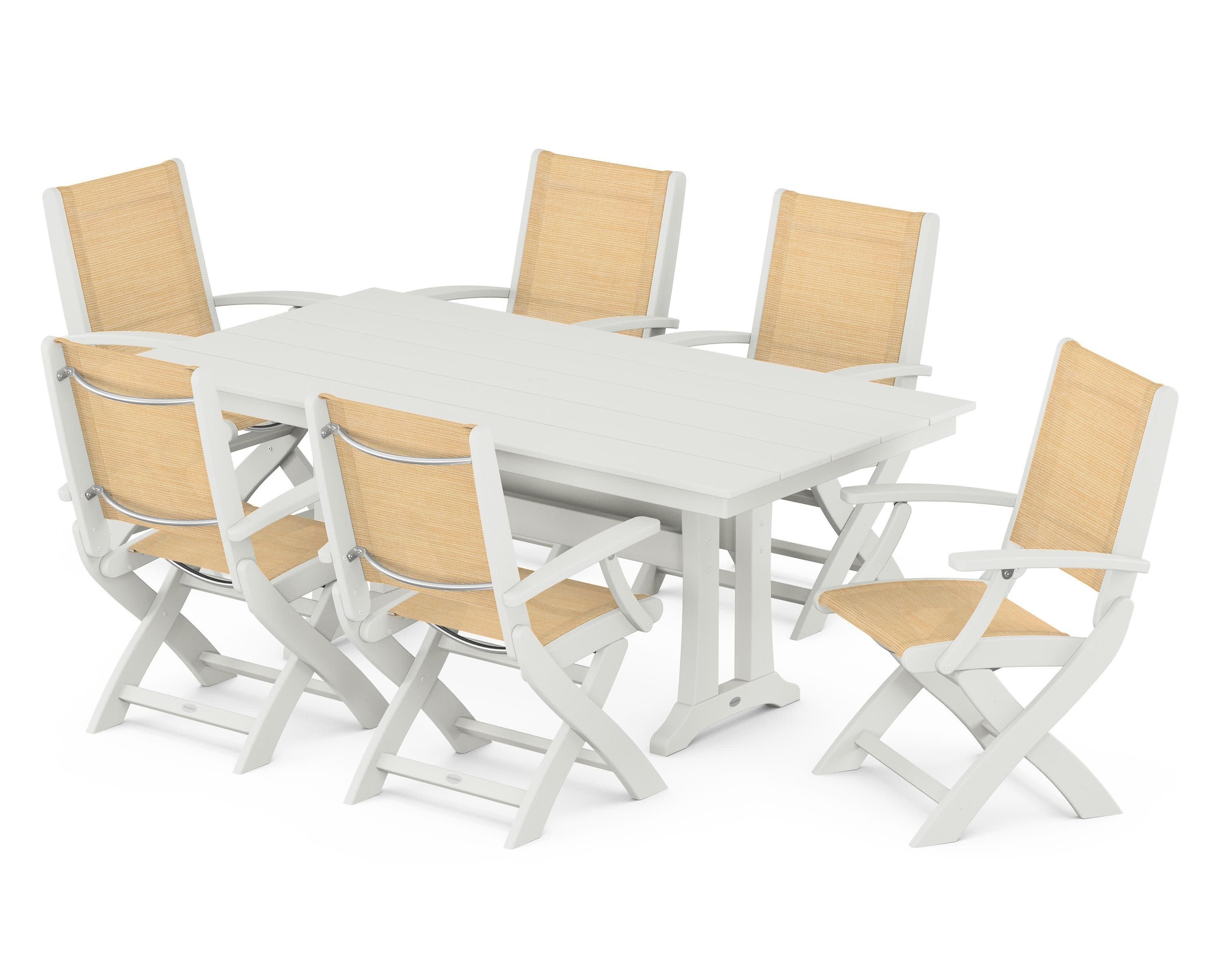 Coastal Folding Arm Chair 7-Piece Farmhouse Dining Set with Trestle Legs in Vintage White / Dupioni Apricot Sling