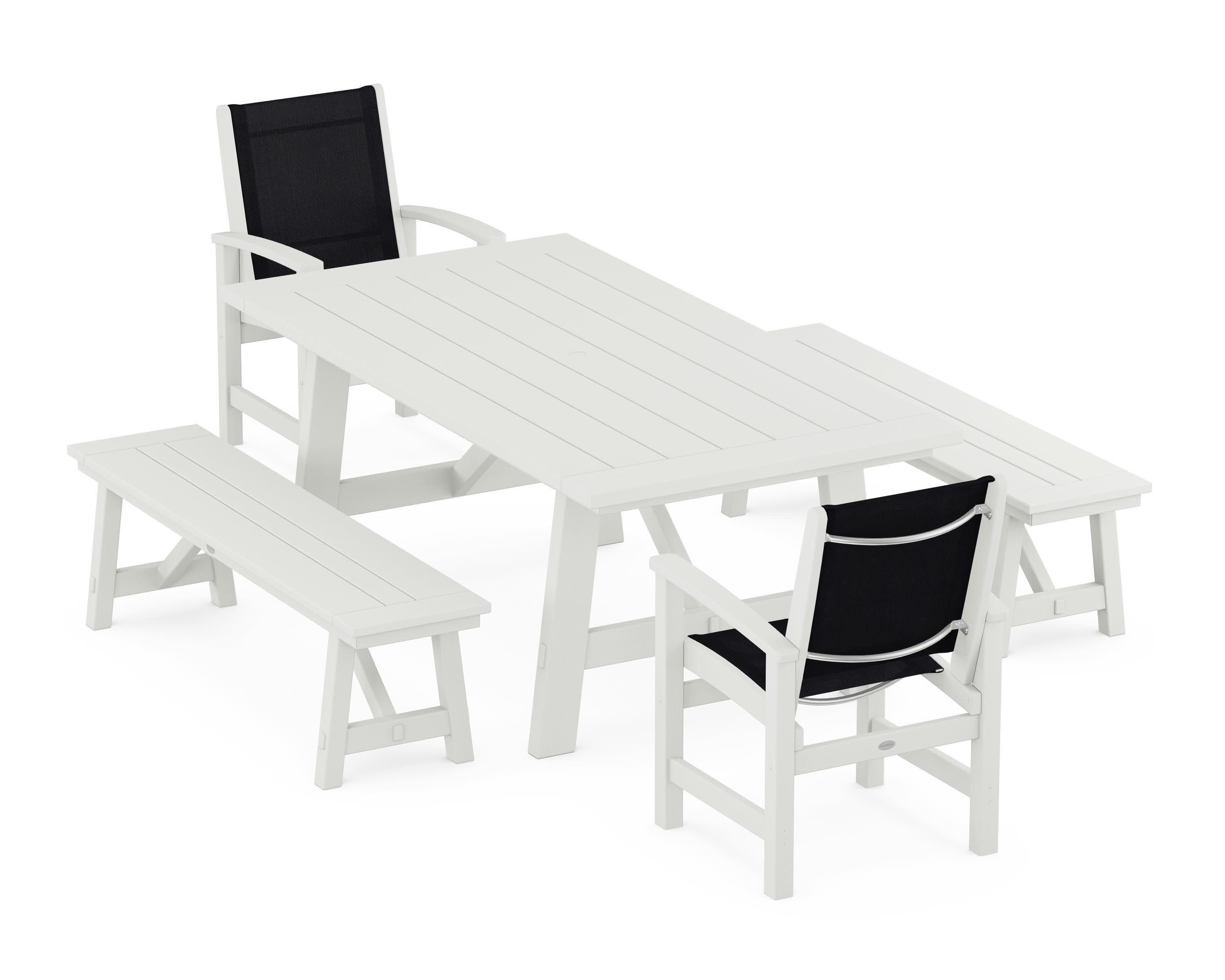 Coastal 5-Piece Rustic Farmhouse Dining Set With Benches in Vintage White / Black Sling