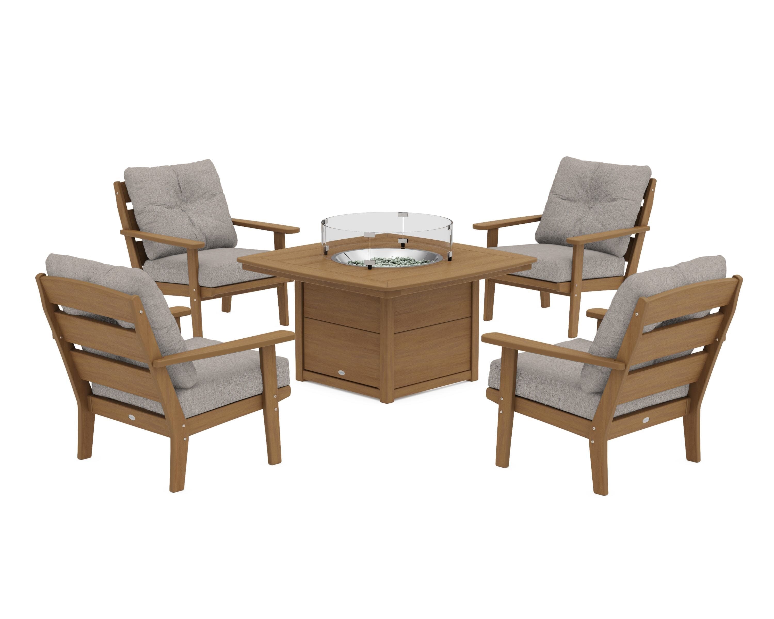 Lakeside 5-Piece Deep Seating Set with Nautical Fire Pit Table in Natural / Weathered Tweed