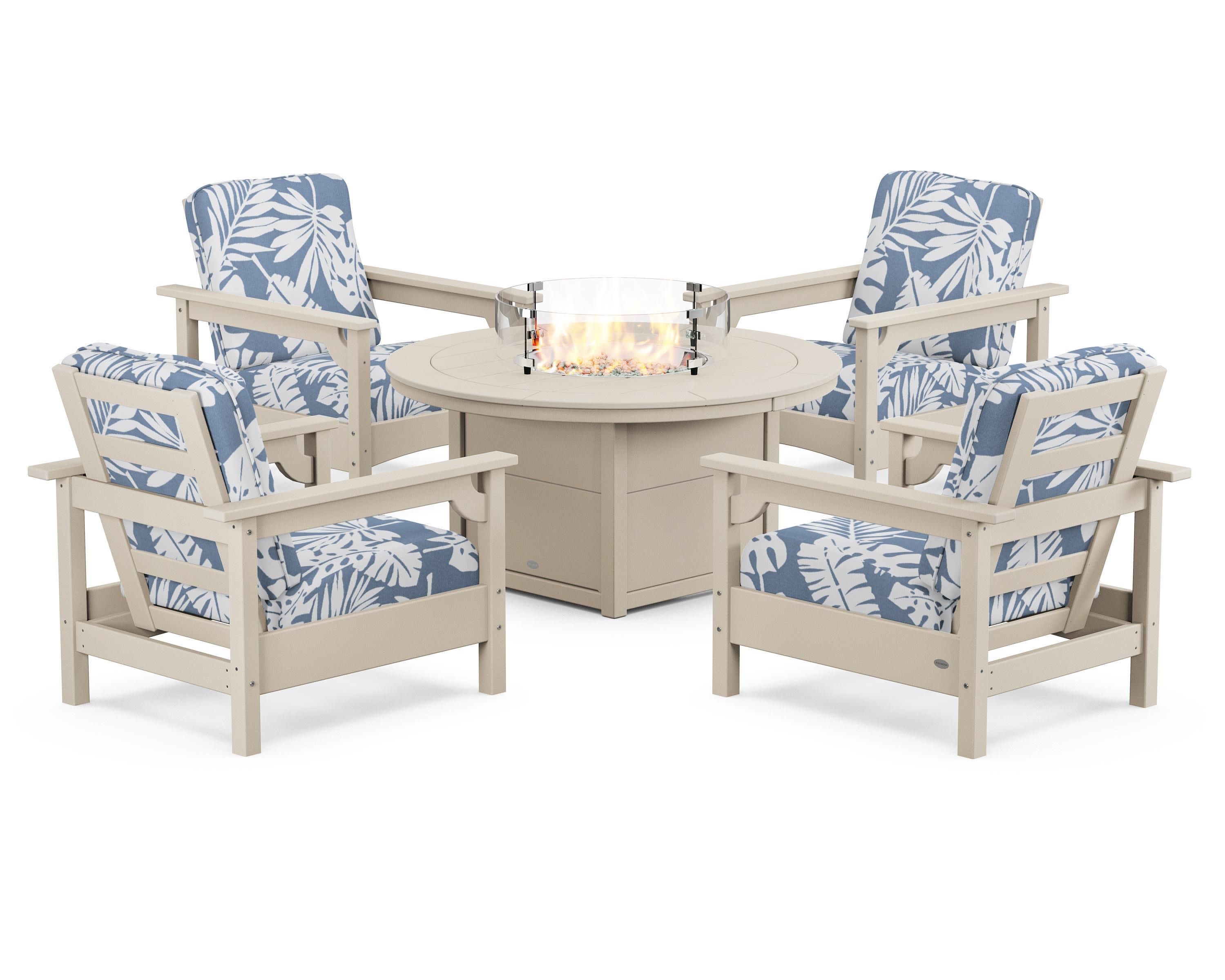 Club 5-Piece Conversation Set with Fire Pit Table in Sand / Leaf Sky Blue