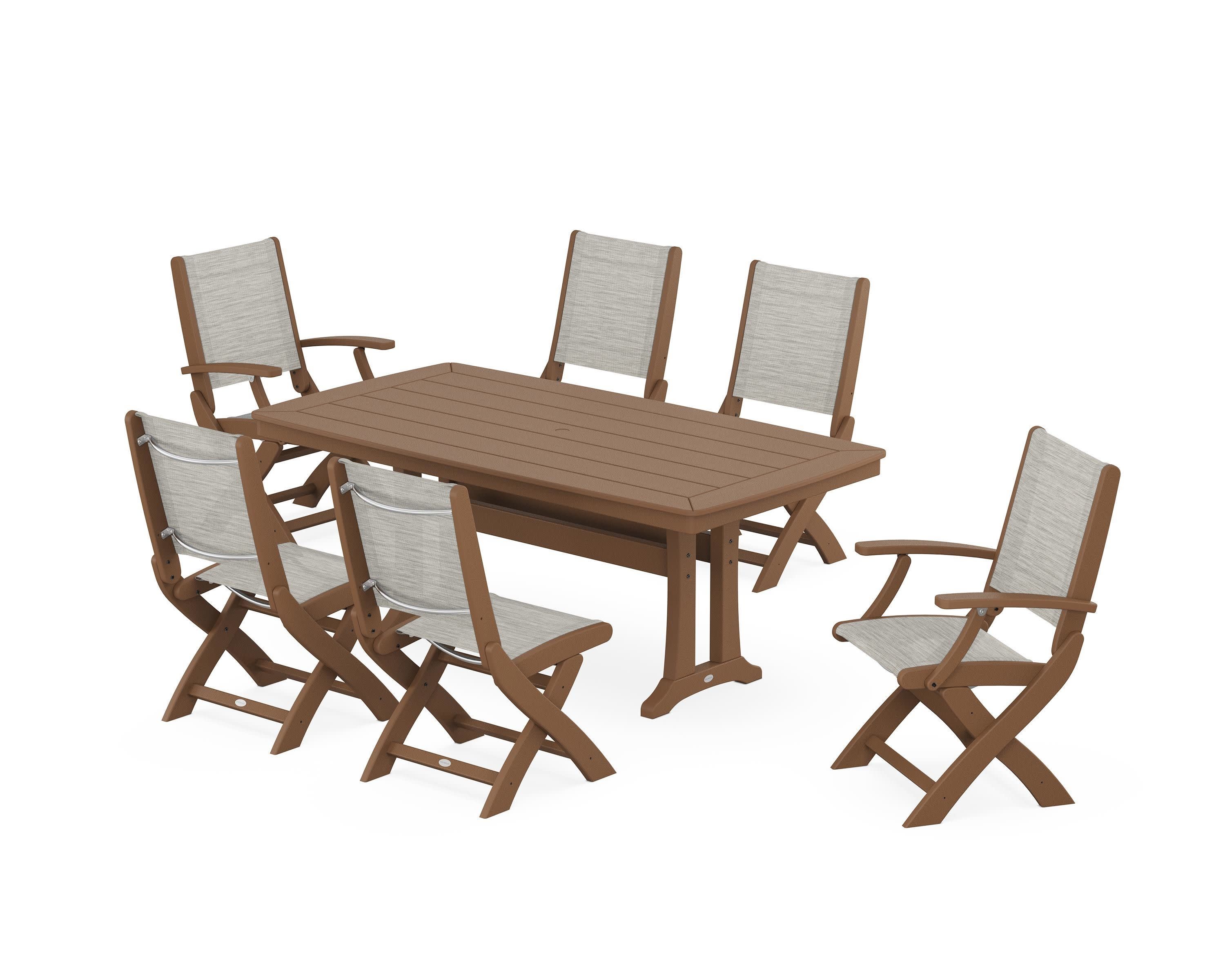Coastal Folding Chair 7-Piece Dining Set with Trestle Legs in Teak / Birch Sling