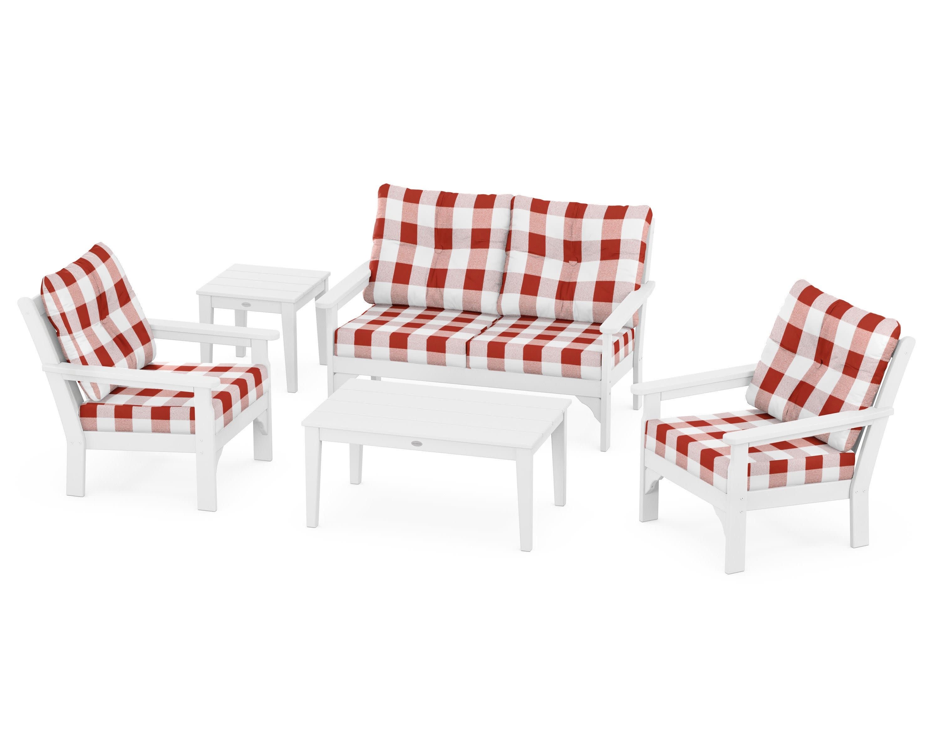 Vineyard 5-Piece Deep Seating Set in White / Buffalo Plaid Crimson