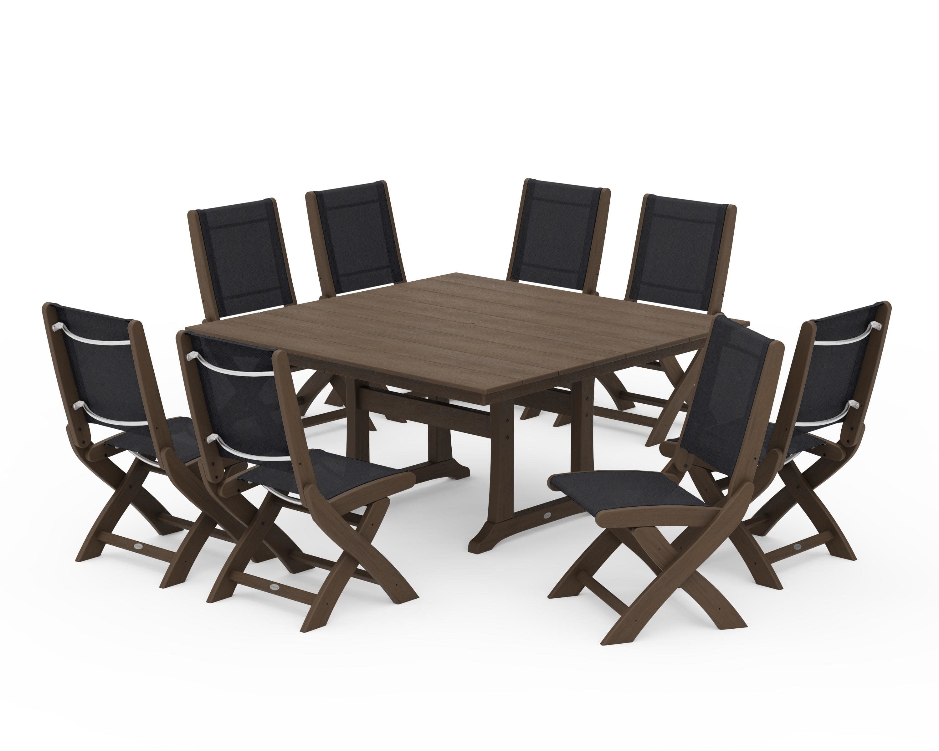 Coastal Folding Side Chair 9-Piece Farmhouse Dining Set in Kona / Black Sling