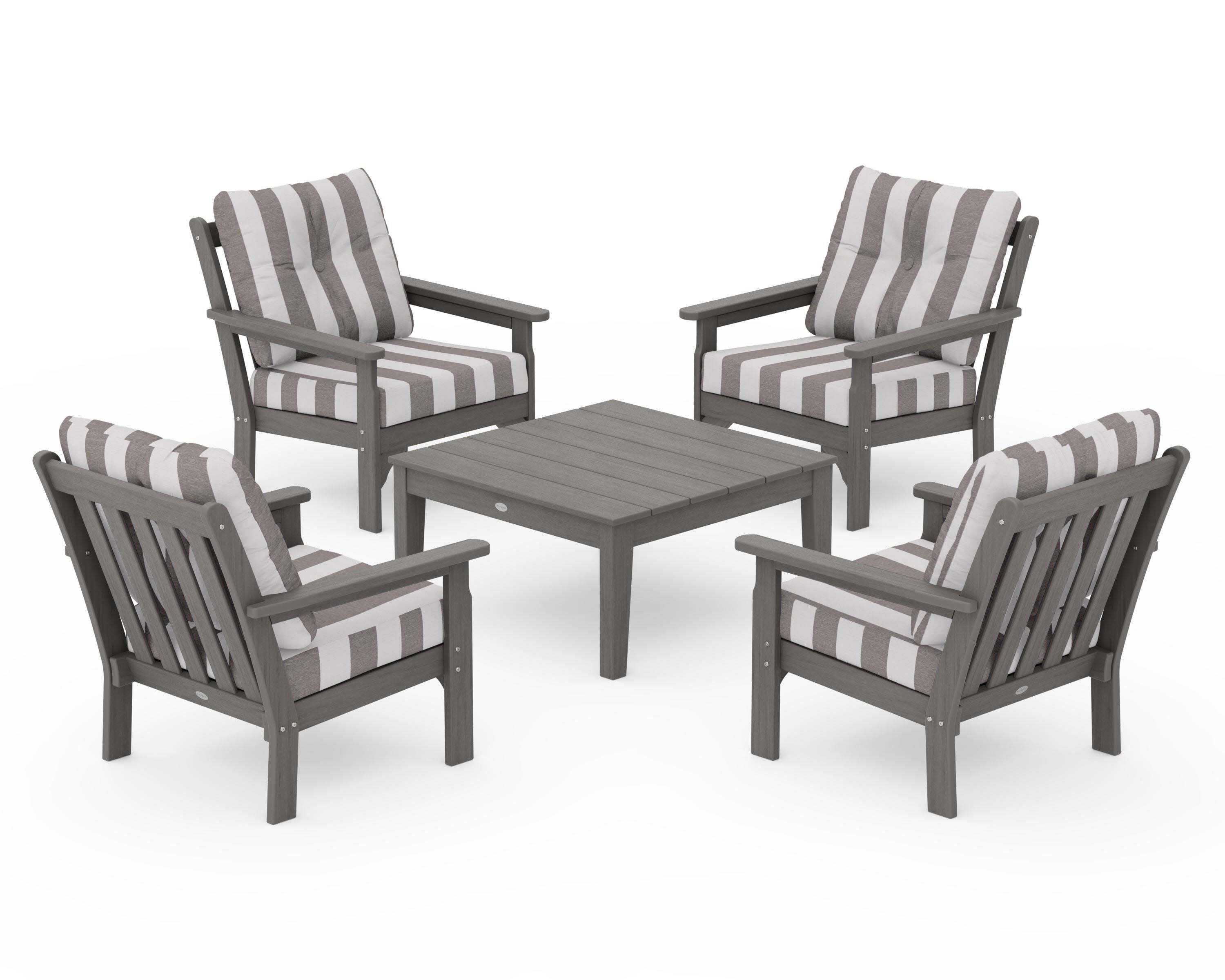 Vineyard 5-Piece Deep Seating Conversation Set in Driftwood / Cabana Stripe Grey Mist