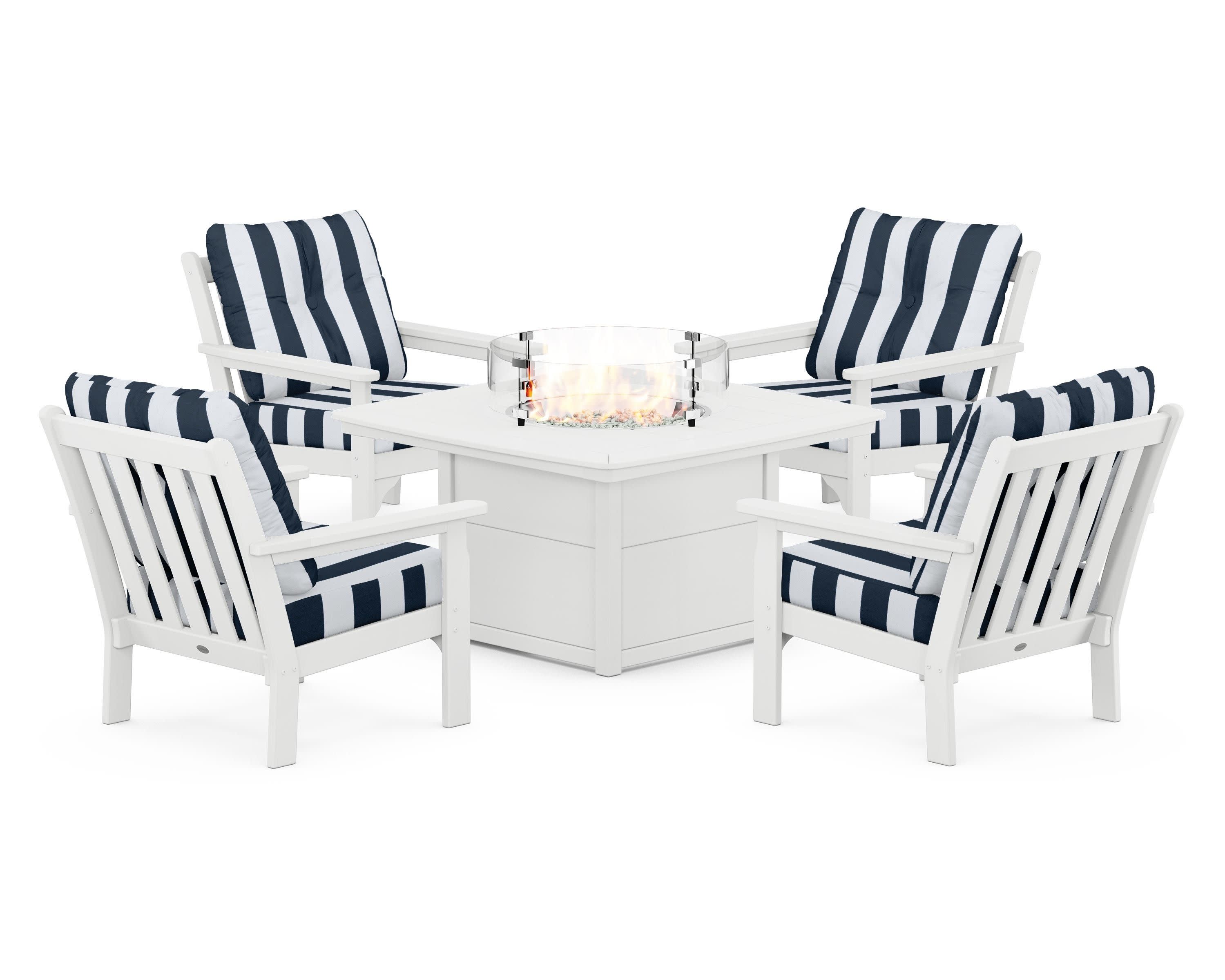 Vineyard 5-Piece Conversation Set with Fire Pit Table in White / Cabana Stripe Marine Indigo