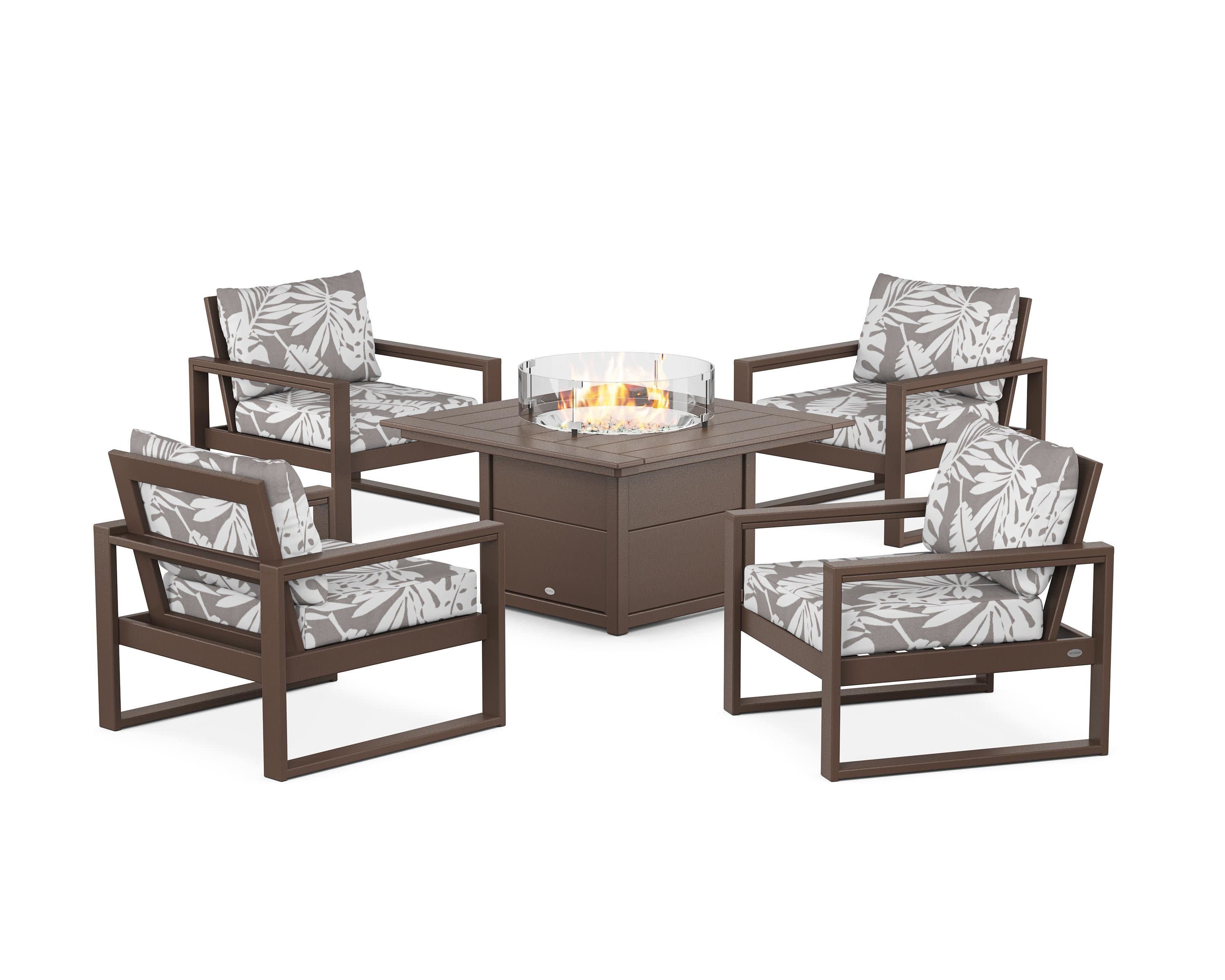 EDGE Sectional 5-Piece Deep Seating Set with Fire Pit Table in Mahogany / Leaf Grey Mist